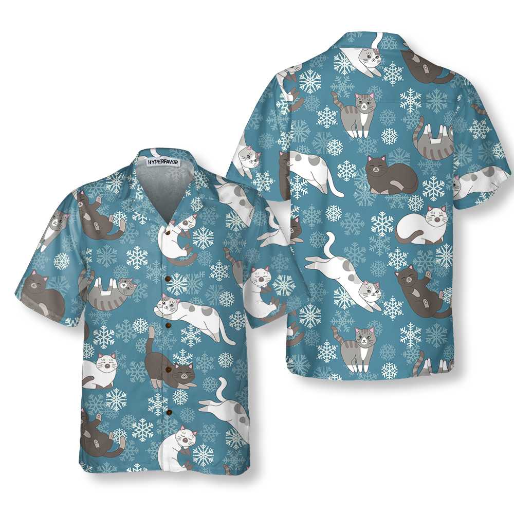 Blue Snowflakes Adorable Kittens Hawaiian Shirt Funny Christmas Aloha Shirt Aloha Shirt For Men and Women