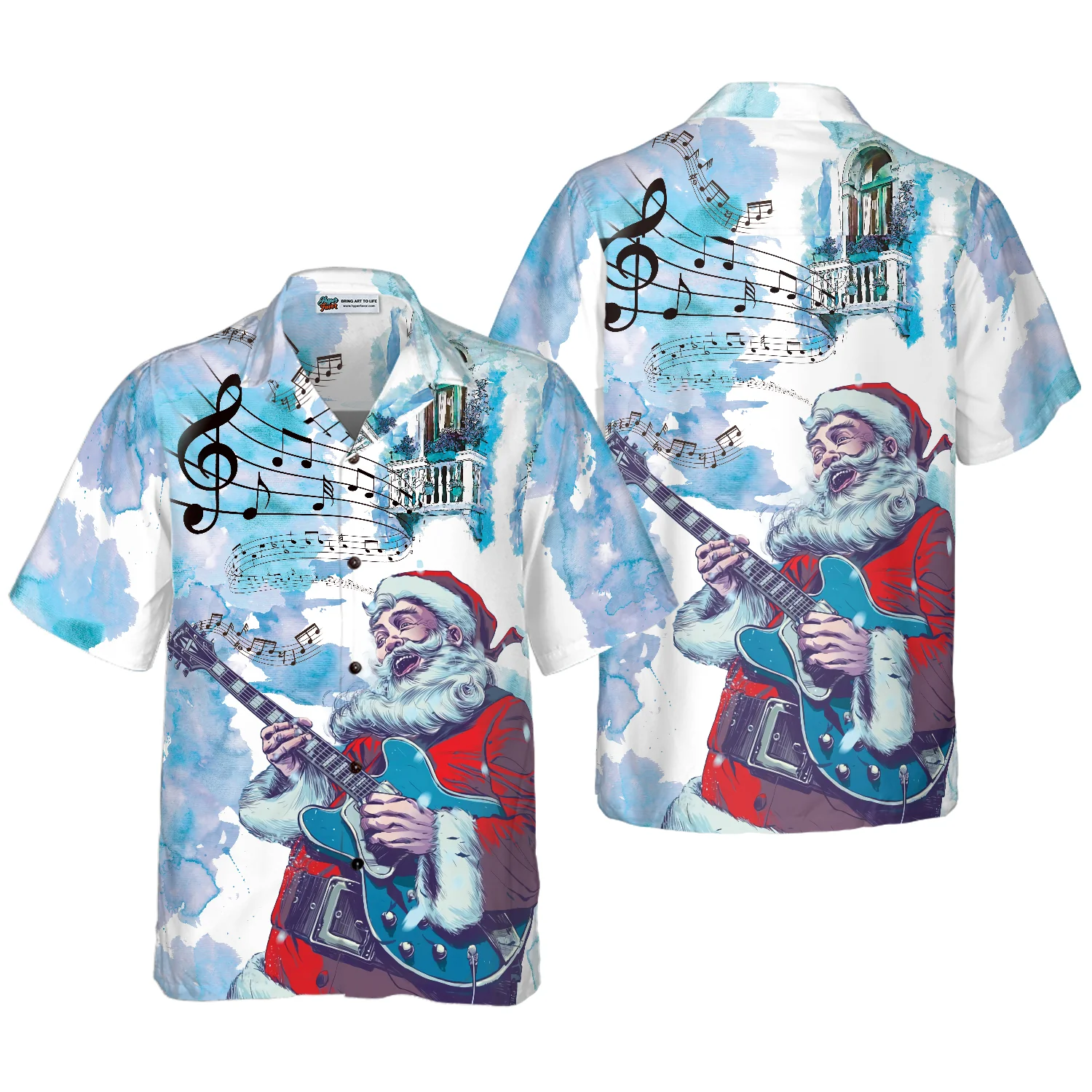 Hyperfavor Christmas Hawaiian Shirts Chritmas Santa Guitar Music Pattern Shirt Short Sleeve Christmas Shirt Idea Gift Aloha Shirt For Men and Women