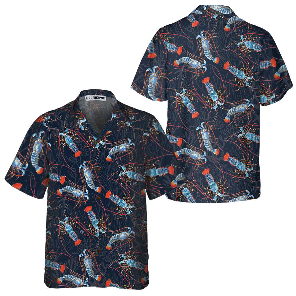 Lobster With Coral Reef Hawaiian Shirt Funny Lobster Print Shirt  Women Aloha Shirt For Men and Women