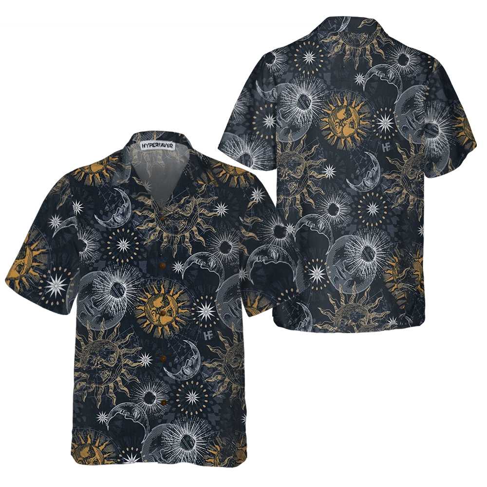 Moon And Sun Hawaiian Shirt Space Themed Shirt Planet Button Up Shirt For Adults Aloha Shirt For Men and Women