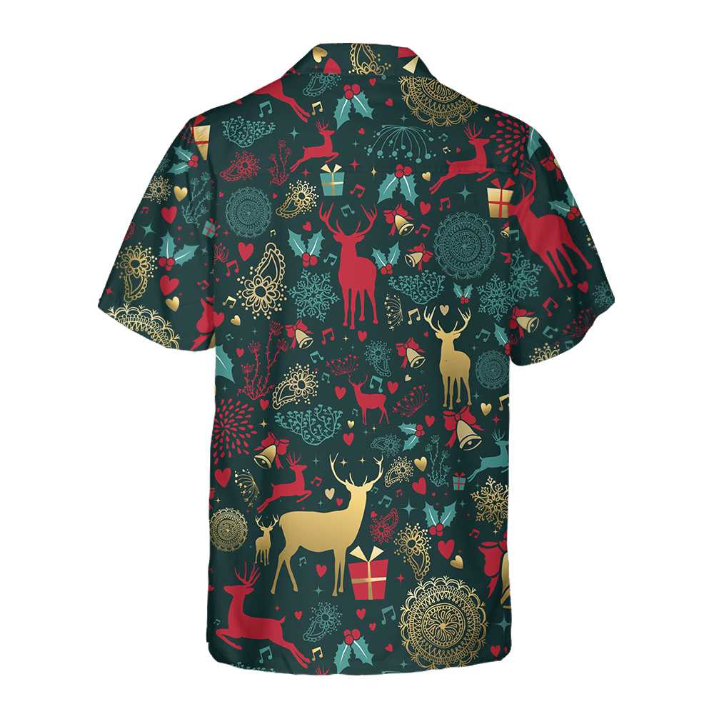 Christmas Golden Deer Pattern Hawaiian Shirt Christmas Reindeer Shirt Best Xmas Gift Idea Aloha Shirt For Men and Women