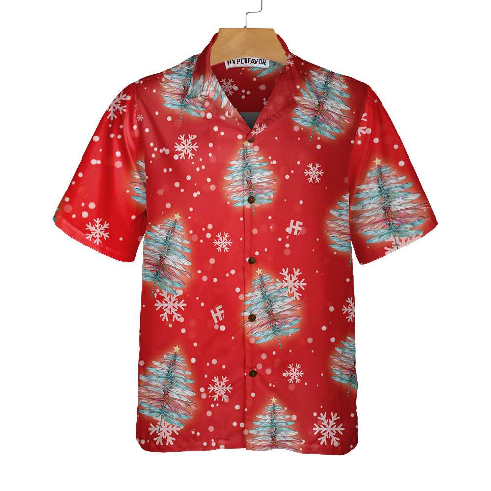 Dragonfly Shaped Christmas Tree Shirt Christmas Hawaiian Shirt Aloha Shirt For Men and Women