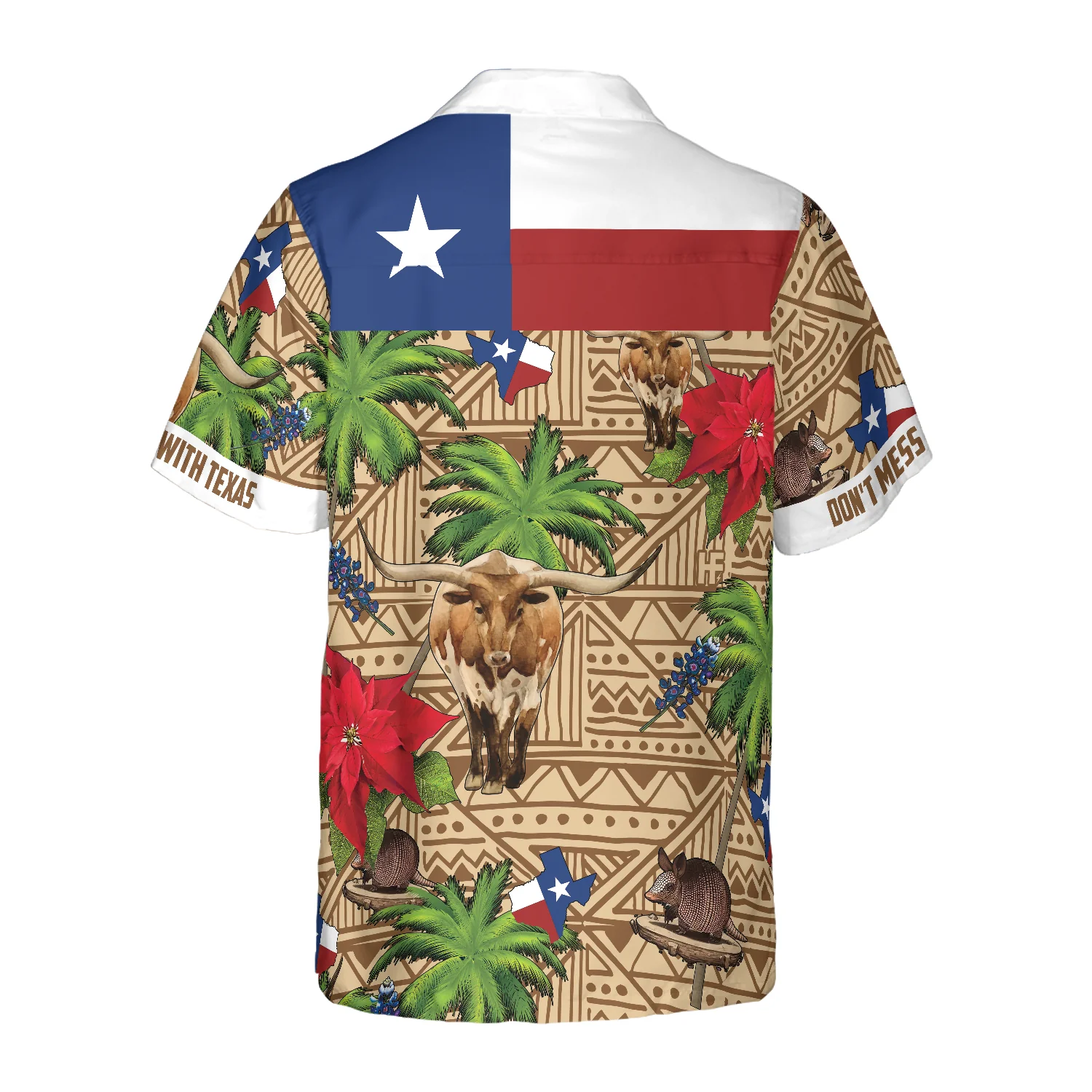 Brown Tribal Pattern Texas Hawaiian Shirt White Neck Version Dont Mess With Texas Armadillo and Longhorn Texas State Shirt Aloha Shirt For Men and Women