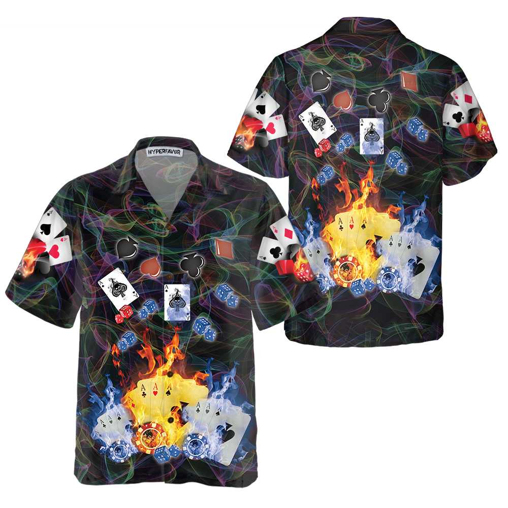 Flaming Poker Casino Hawaiian Shirt Flame Casino Shirt For Adults Cool Shirt For Poker Card Players Aloha Shirt For Men and Women