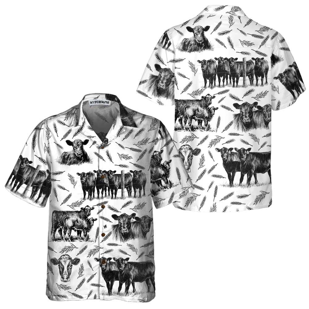 Monochrome Black Angus And Wheat Pattern Cow Hawaiian Shirt Funny Hawaiian Shirt With Cows Aloha Shirt For Men and Women