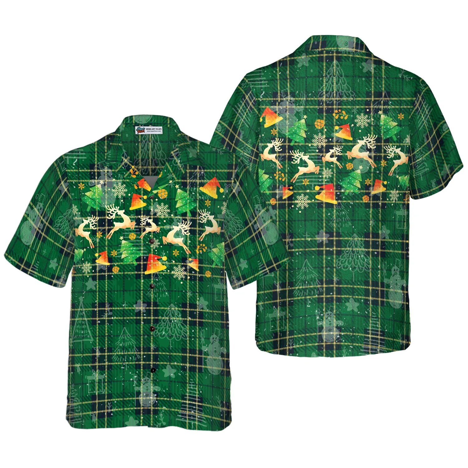 Hyperfavor Christmas Hawaiian Shirts Christmas Reindeer Green Plaid Pattern Hawaiian Shirt Button Down Shirt Short Sleeve Aloha Shirt For Men and Women