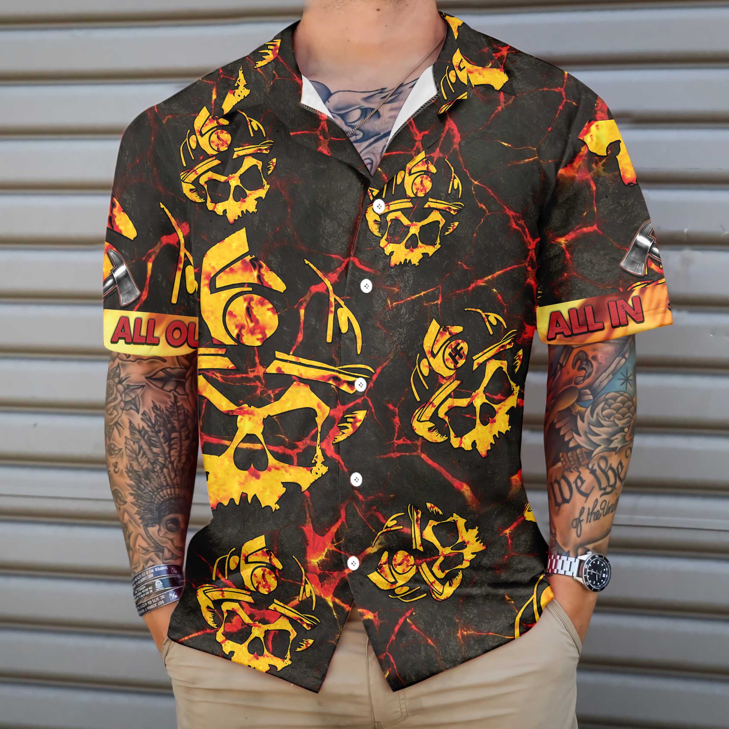 All In All Out Axe Firefighter Hawaiian Shirt Dark Red And Yellow Skull Firefighter Shirt Aloha Shirt For Men and Women