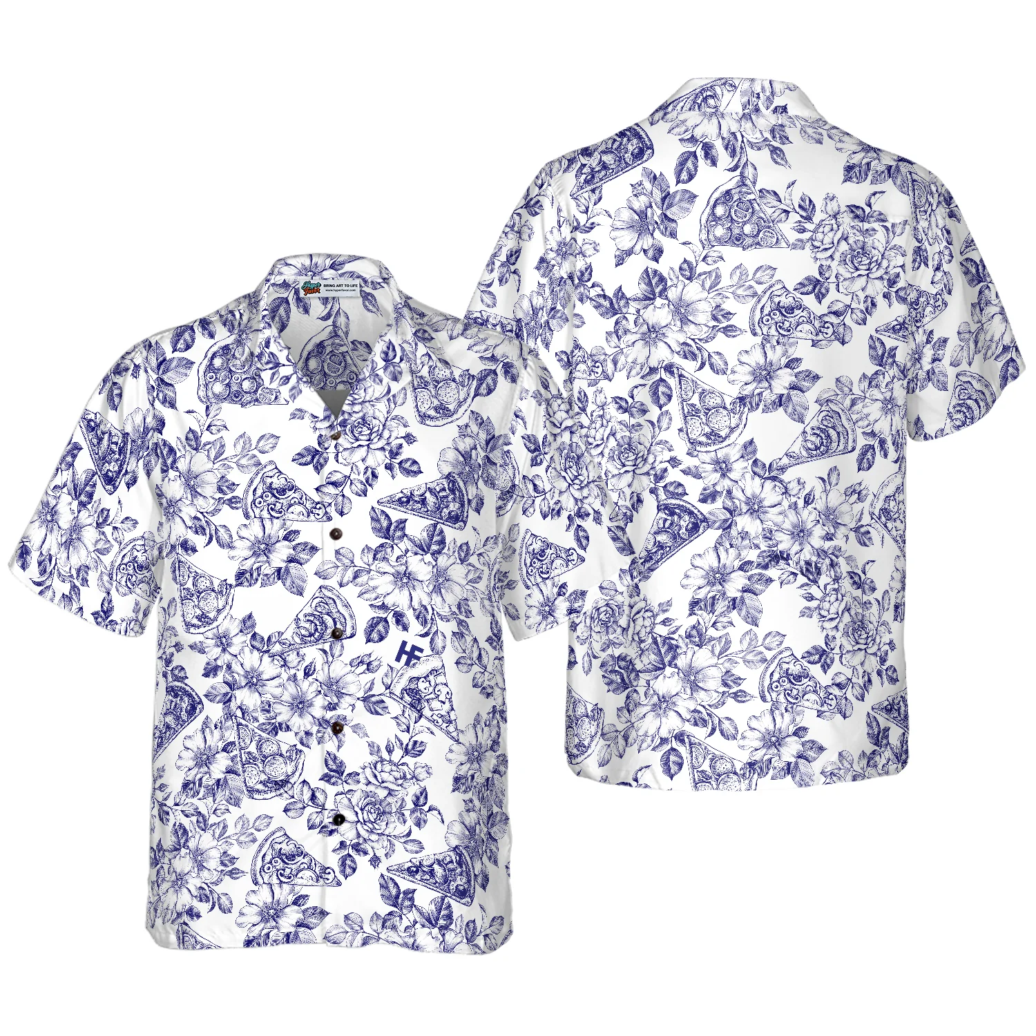 Blue Floral Pizza Pattern Shirt Hawaiian Shirt Aloha Shirt For Men and Women