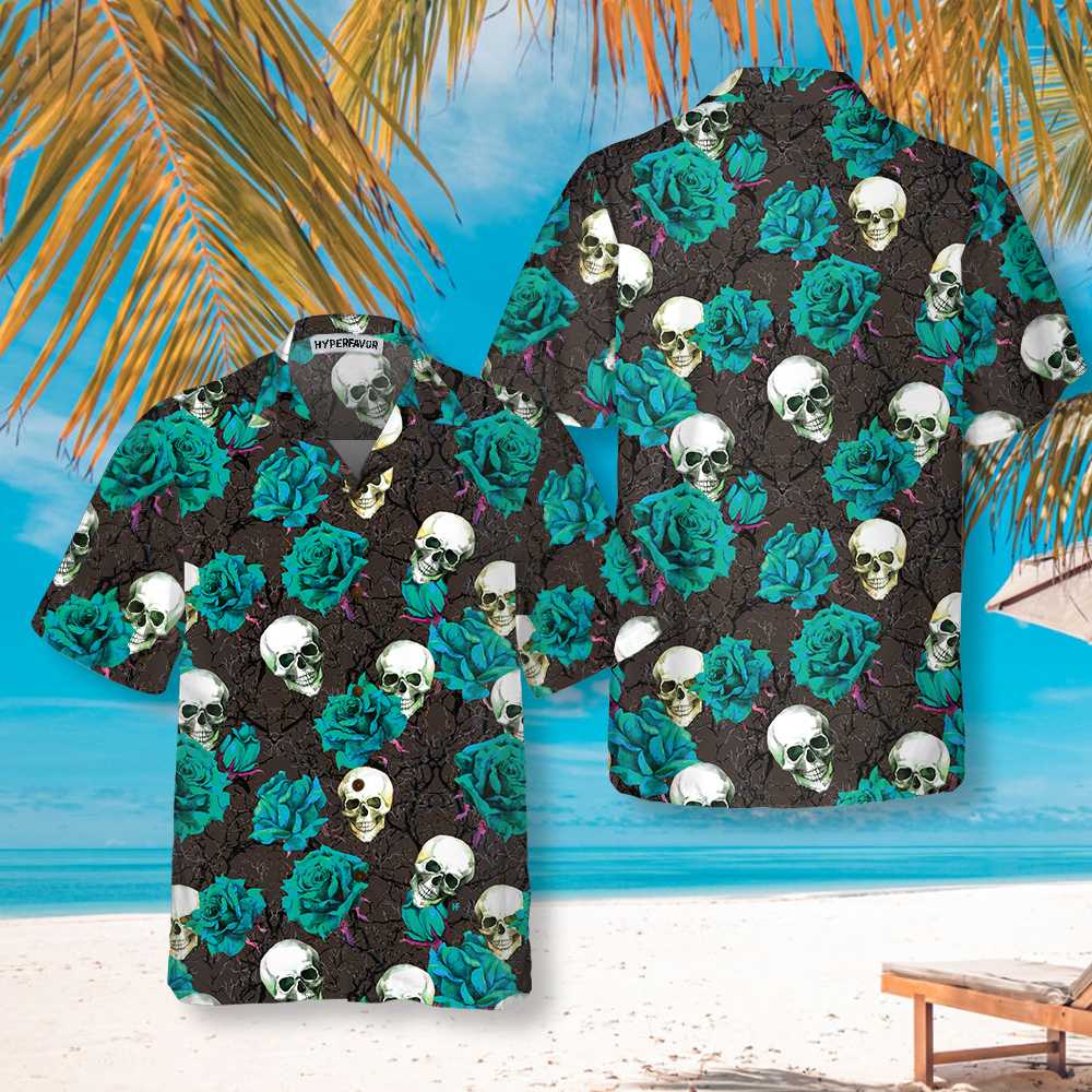 Skulls  Rose Branches Hawaiian Shirt Blue Roses And Gothic Skull Shirt Aloha Shirt For Men and Women