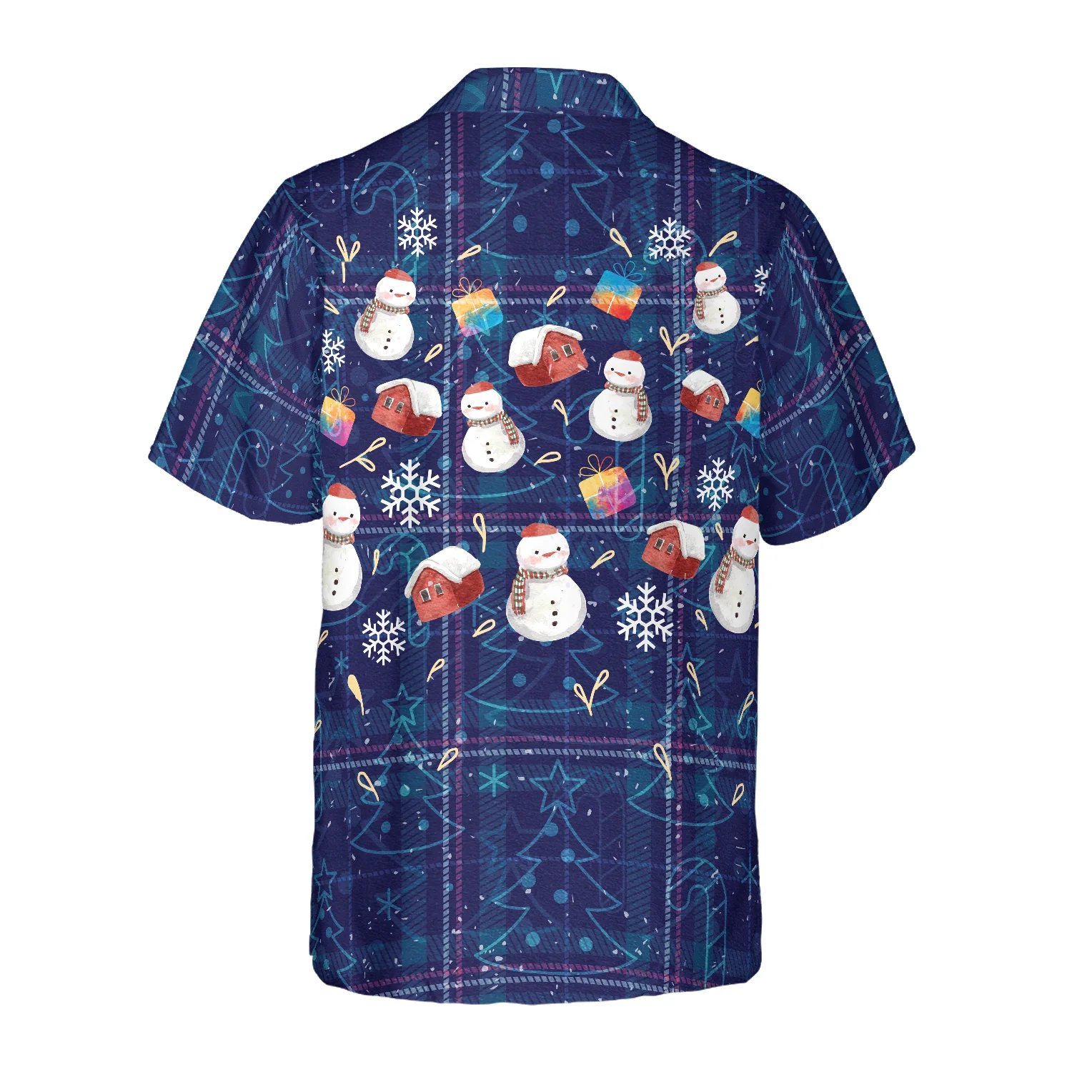 Hyperfavor Christmas Hawaiian Shirts Christmas Snowman Dark Blue Plaid Pattern Shirt Short Sleeve Christmas Shirt Idea Gift Aloha Shirt For Men and Women