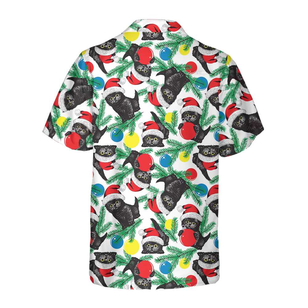 Black Kitten Wearing Santa Hat Hawaiian Shirt Funny Christmas Cat Shirt Aloha Shirt For Men and Women