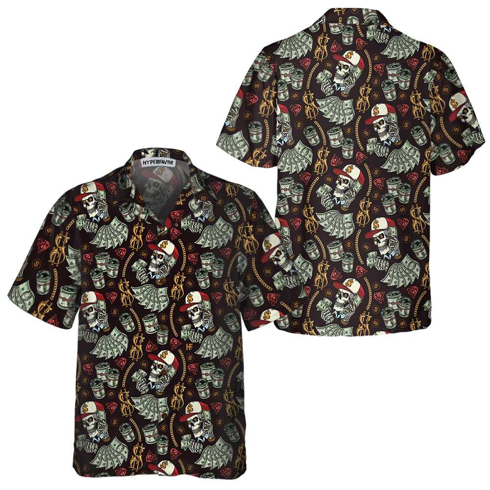 Skull And Dollars Seamless Pattern With Gold Chains Hawaiian Shirt Short Sleeve Money Shirt Aloha Shirt For Men and Women