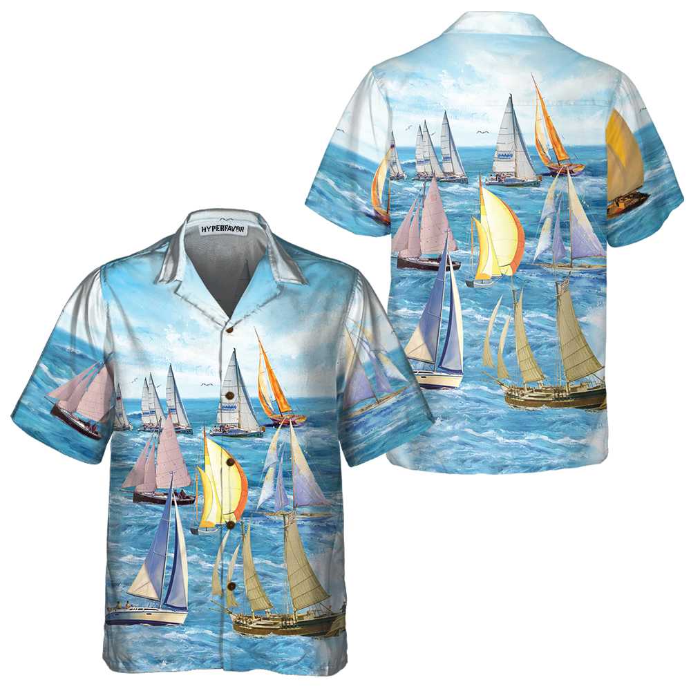 Sailing Boats Hawaiian Shirt Short Sleeve Sailboat Shirt Unique Nautical Shirt Aloha Shirt For Men and Women