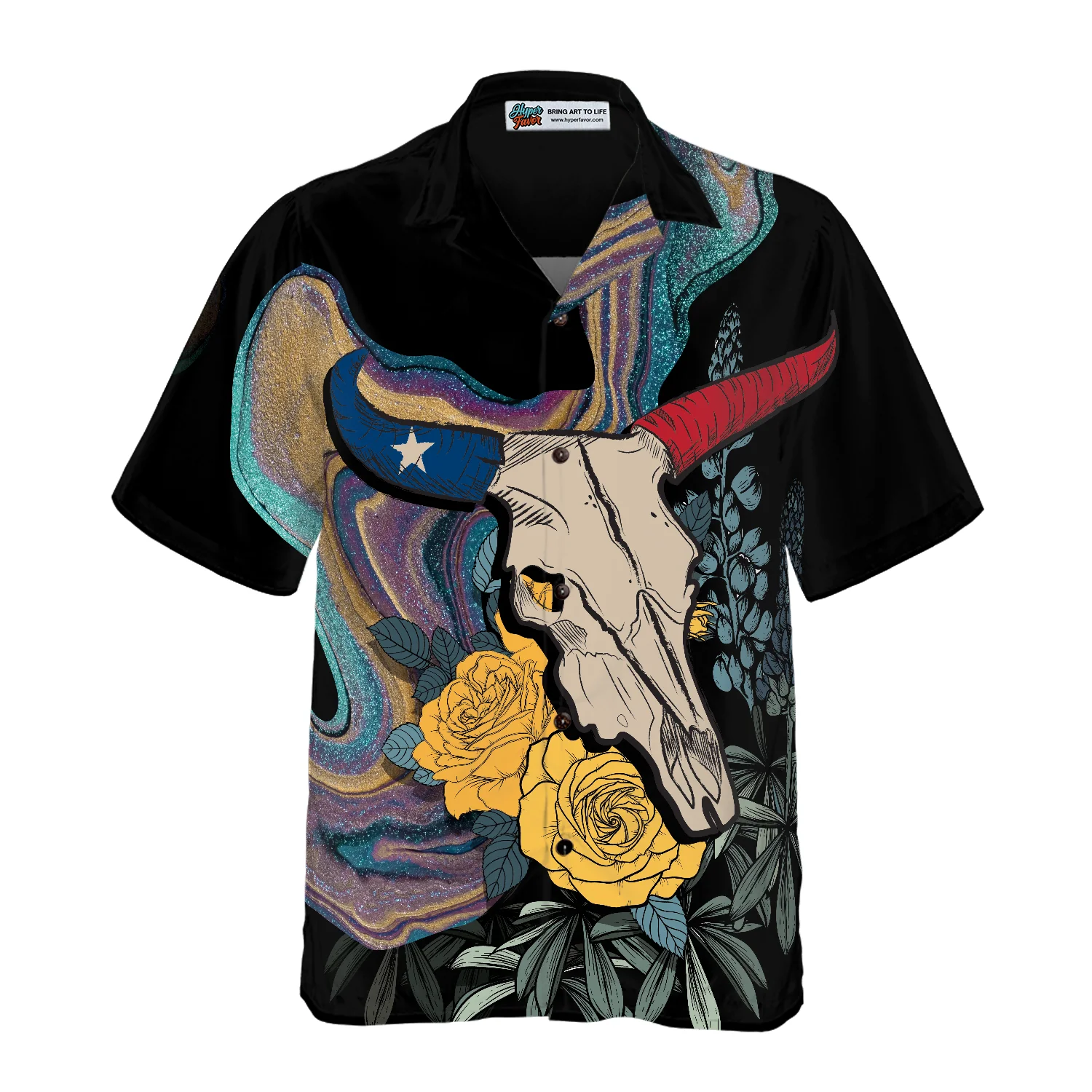 Artistic Longhorn Skull Texas Hawaiian Shirt Black Royal Gold Rose Shirt Bluebonnet Proud Texas Shirt For Texans Aloha Shirt For Men and Women