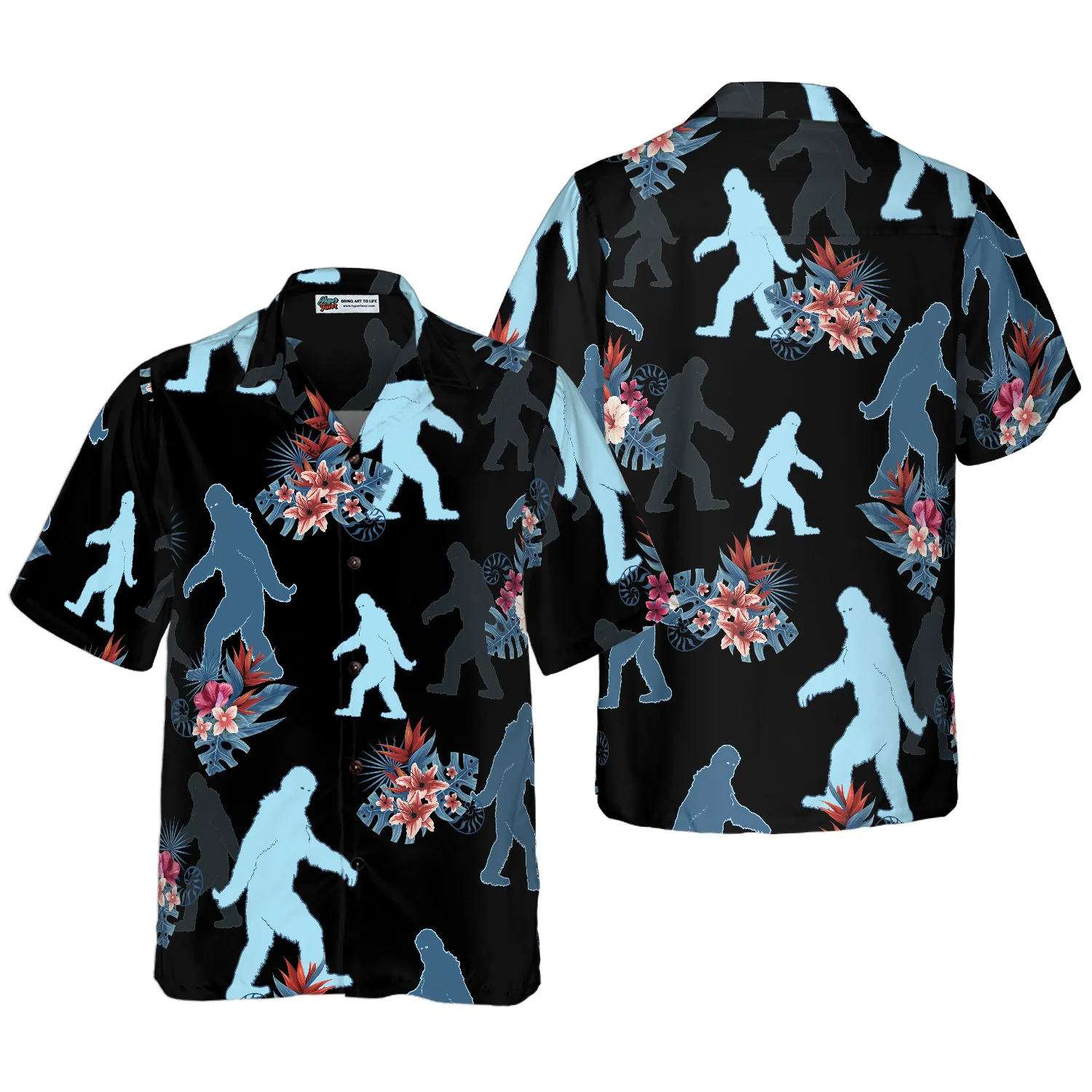 Bigfoot  The Tropical Leaves Bigfoot Hawaiian Shirt Black Tropical Floral Bigfoot Shirt Aloha Shirt For Men and Women