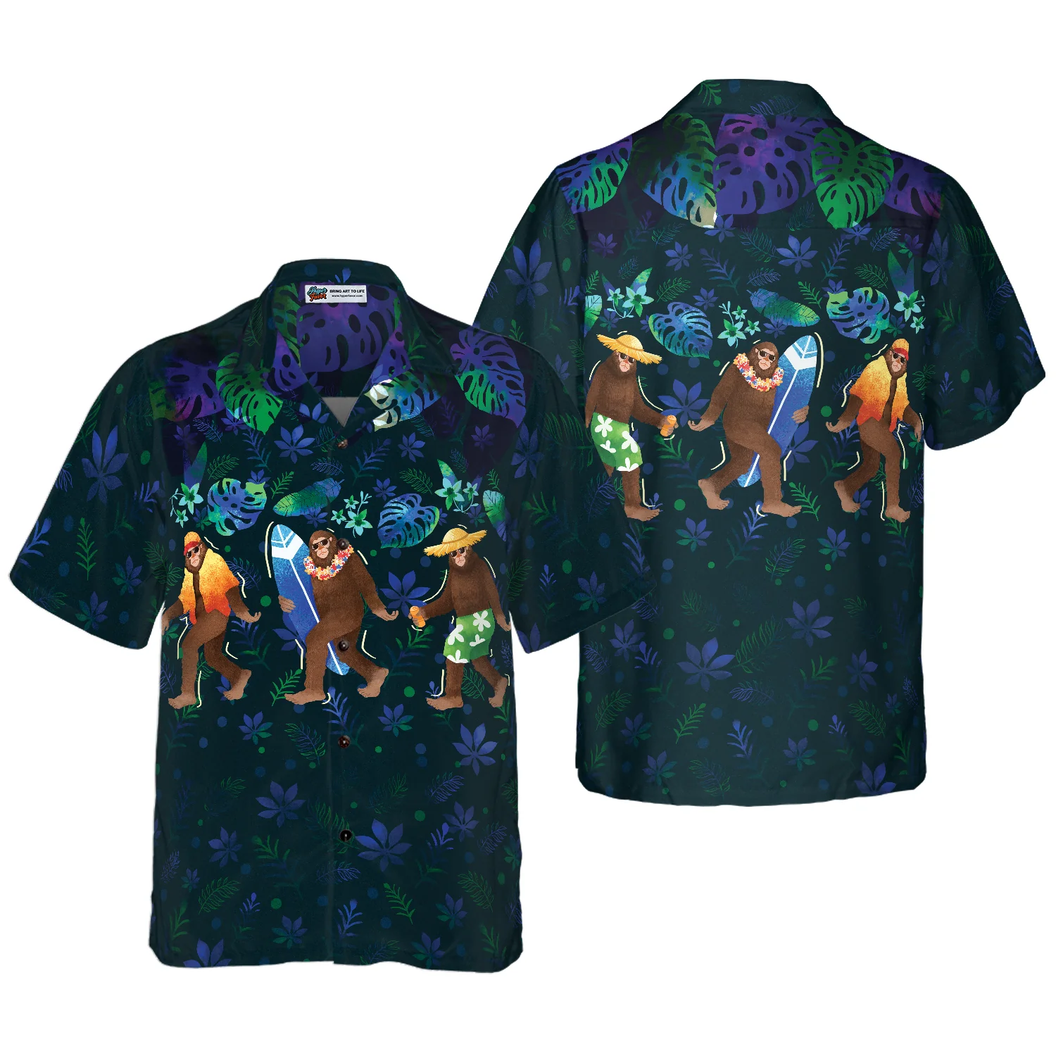 Tropical Funny Beach Bigfoot Hawaiian Shirts Blue Sasquatch Shirts Aloha Shirt For Men and Women