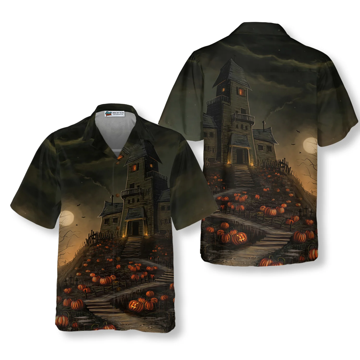 Halloween Haunted House On The Hill With Pumpkin Hawaiian Shirt Full Moon Haunted Jack-o-lantern Hawaiian Shirt Aloha Shirt For Men and Women