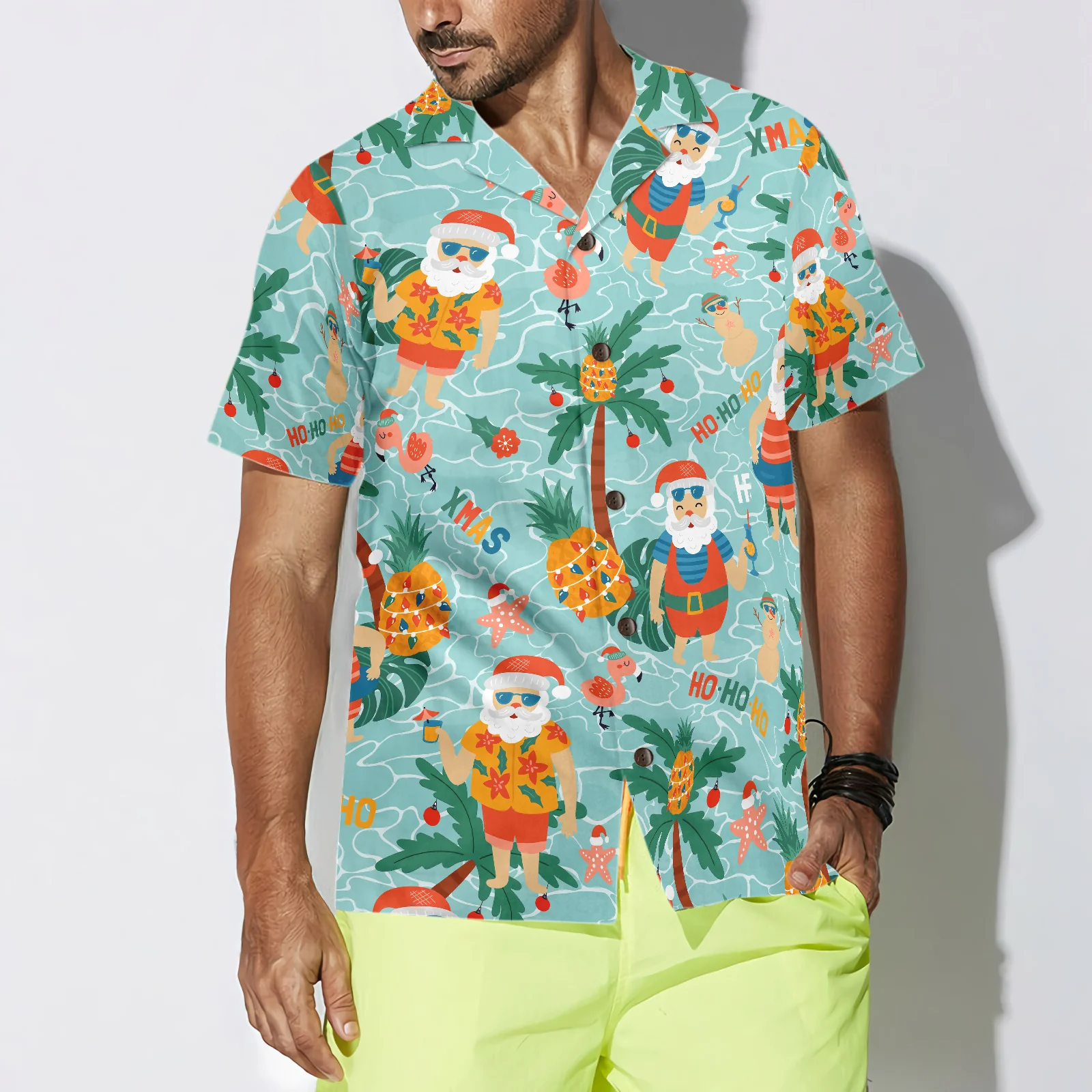 Pineapple With Santa Claus On Sea Beach Hawaiian Shirt Aloha Shirt For Men and Women