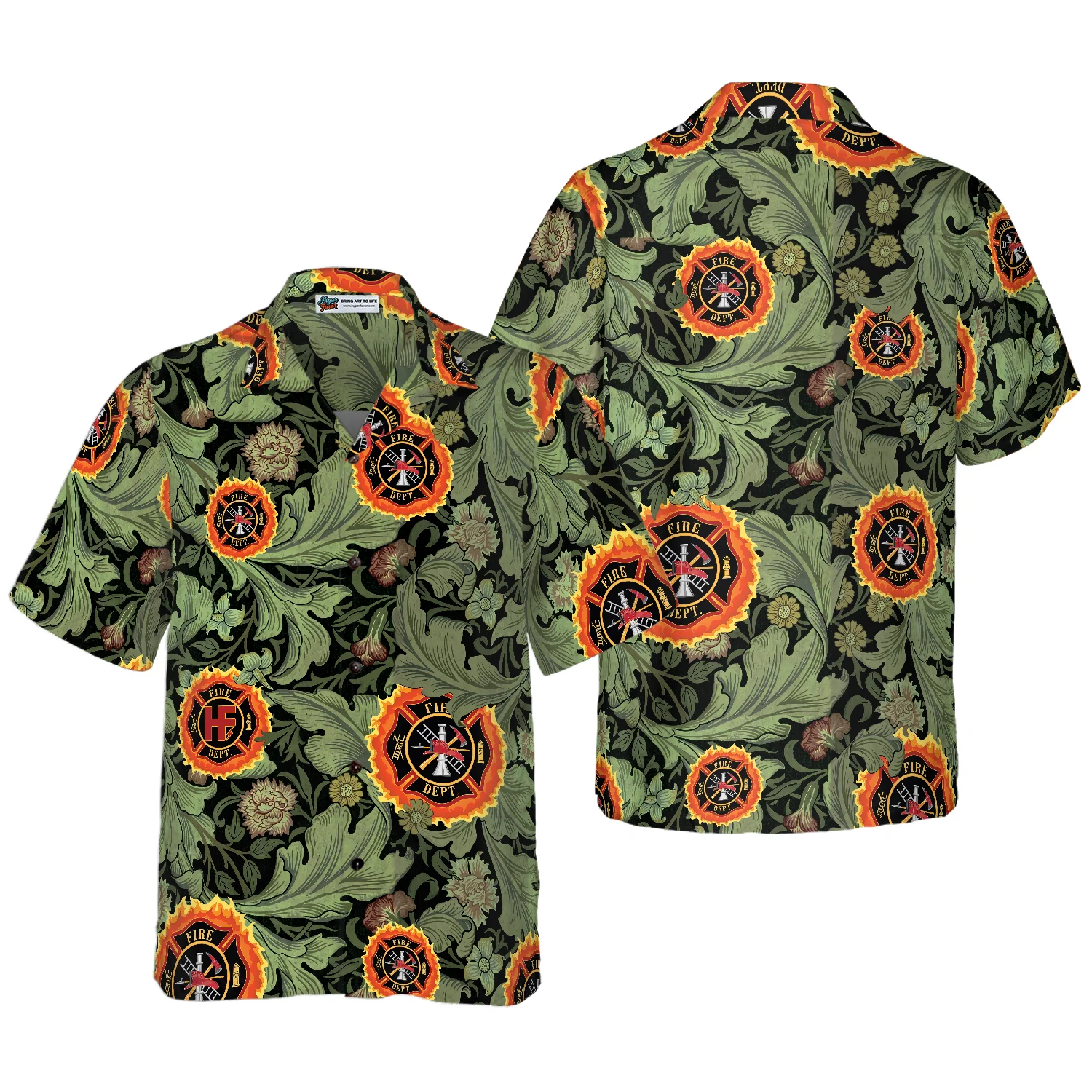 Fire Rescue Proud Firefighter Hawaiian Shirt Floral And Leaves Fire Dept Logo Firefighter Shirt Aloha Shirt For Men and Women