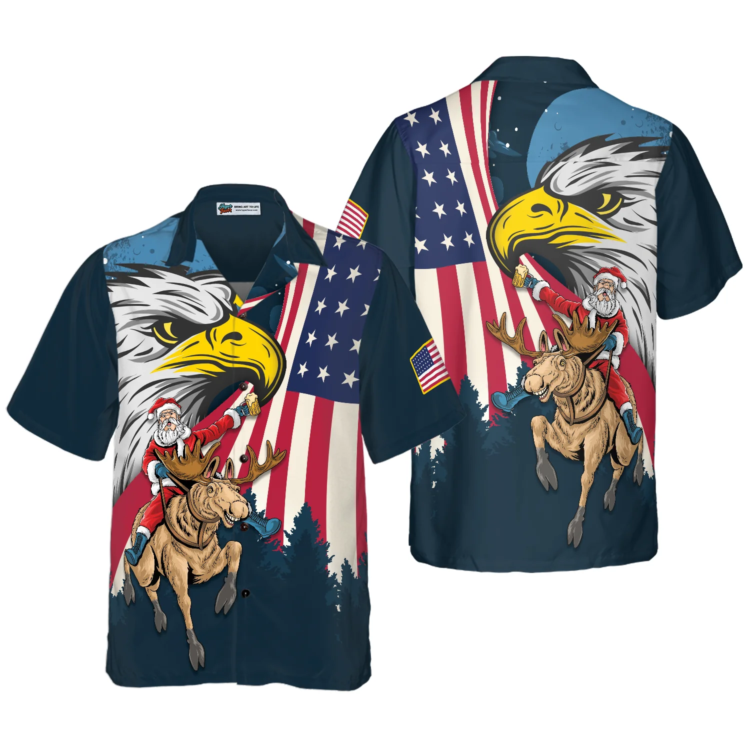 Hyperfavor Christmas Hawaiian Shirts Santa With American Flag 2 Shirt Short Sleeve Christmas Shirt Idea Gift Aloha Shirt For Men and Women