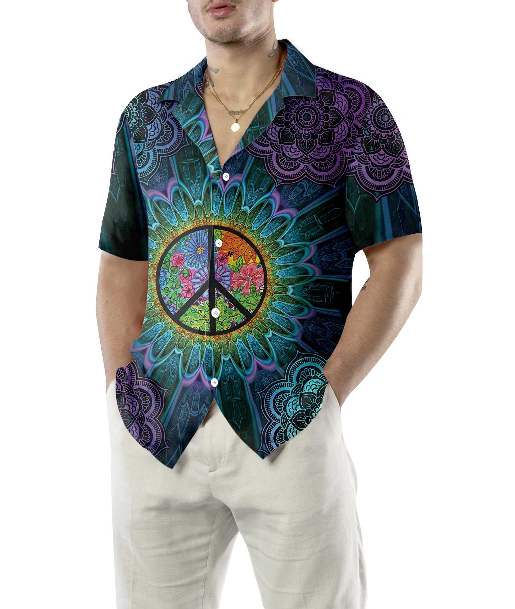 Purple Flower Hippie Hawaiian Shirt Mandala Peace Sign Hippie Shirt Aloha Shirt For Men and Women