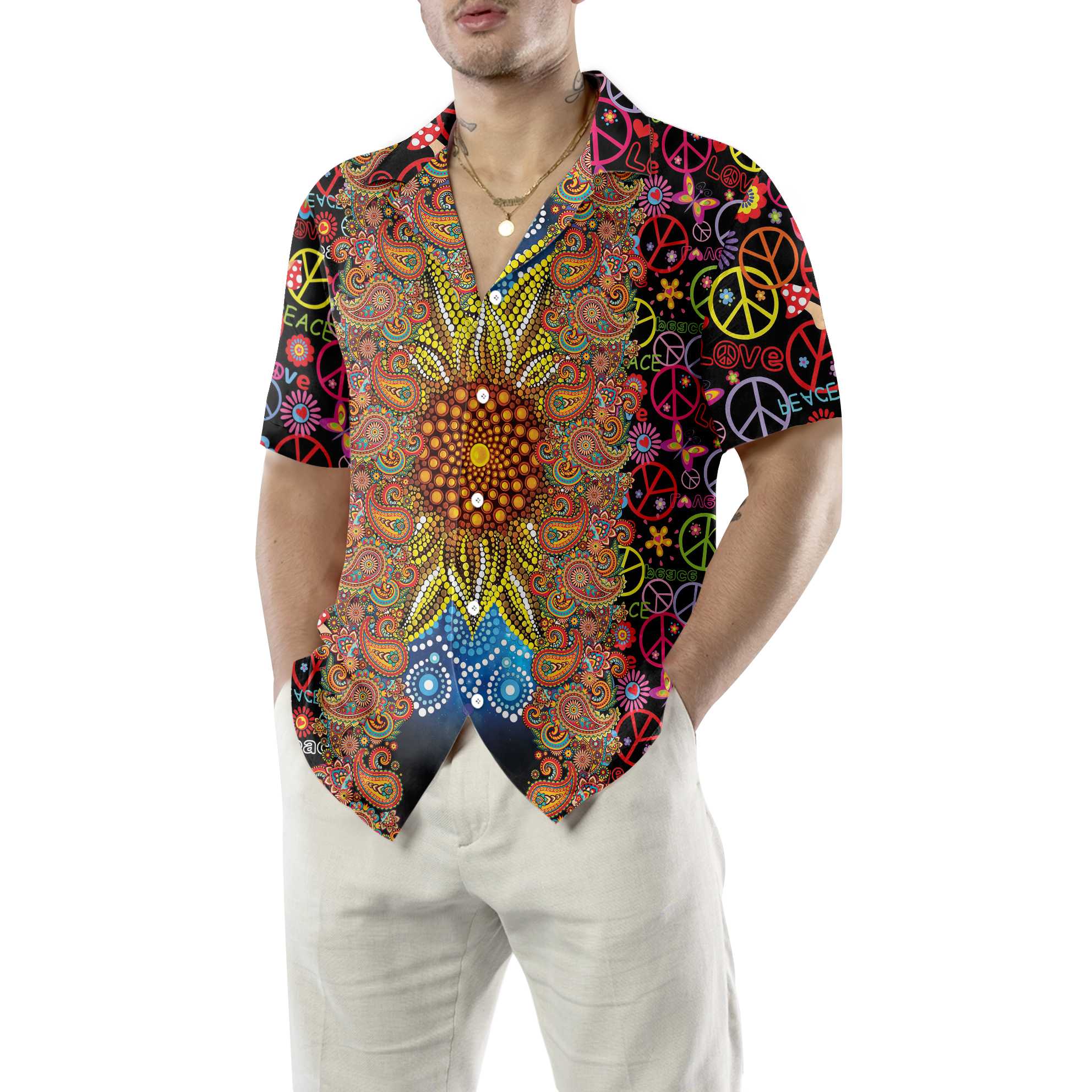 Vibrant Color Hippie Hawaiian Shirt Hippie Peace Sign Pattern Shirt Unique Hippie Gift Aloha Shirt For Men and Women