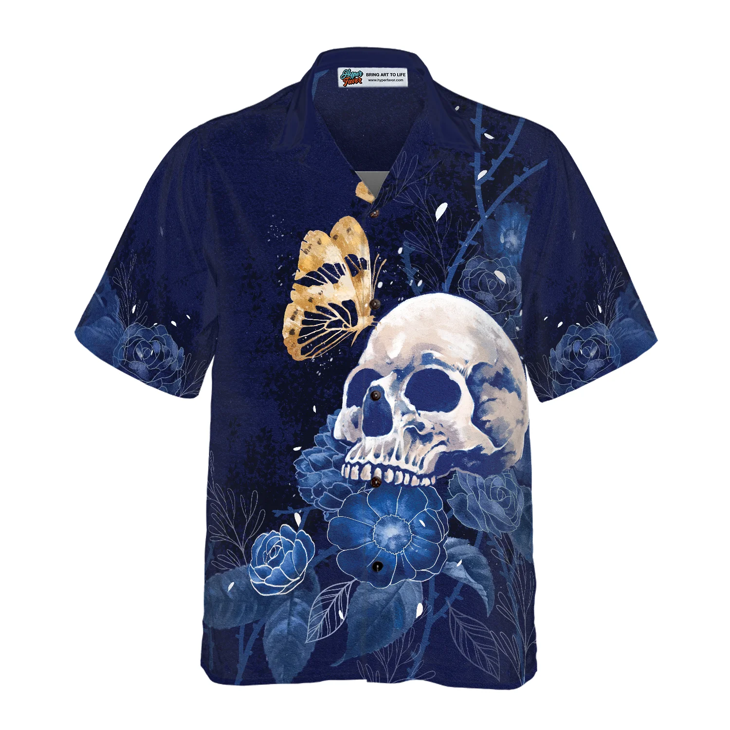 Artistic Gothic Skull with Butterfly Hawaiian Shirt Blue Peony Flowers Goth Hawaiian Shirt Aloha Shirt For Men and Women