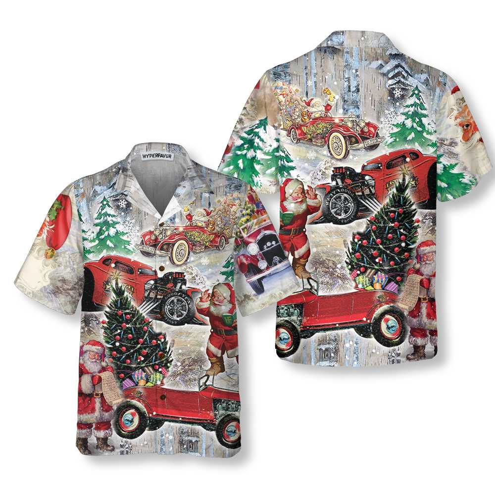 Santa Claus  His Hot Rod On Christmas Hawaiian Shirt Funny Santa Hawaiian Shirt Aloha Shirt For Men and Women