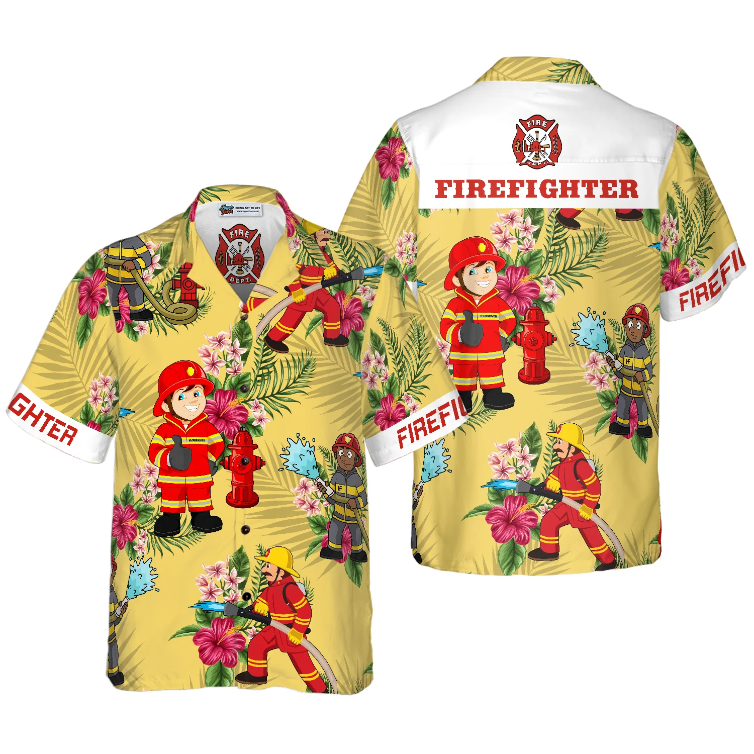 Graphic Proud Firefighter Hawaiian Shirt Cream Tropical Floral Firefighter Shirt Aloha Shirt For Men and Women