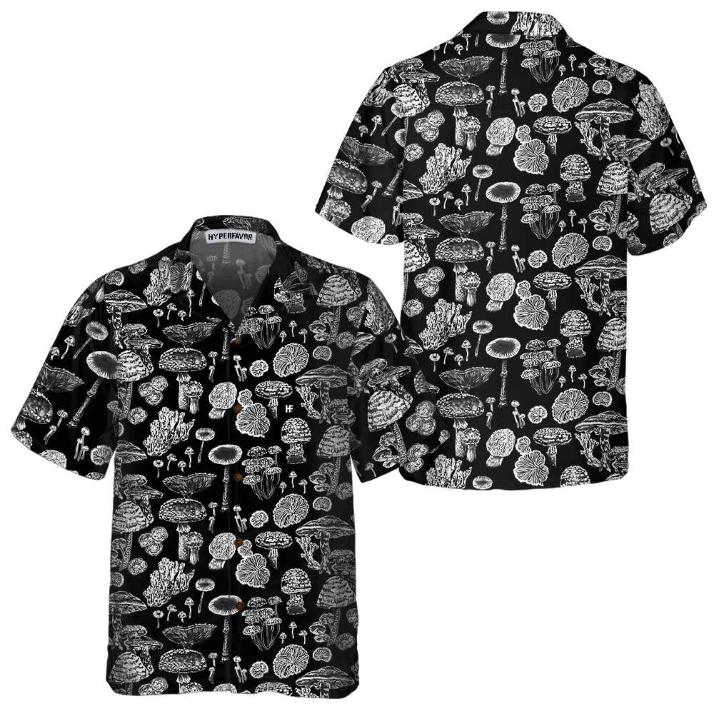 Black And White Mushroom Hawaiian Shirt Casual Mushroom Shirt  Women Mushroom Print Shirt Aloha Shirt For Men and Women