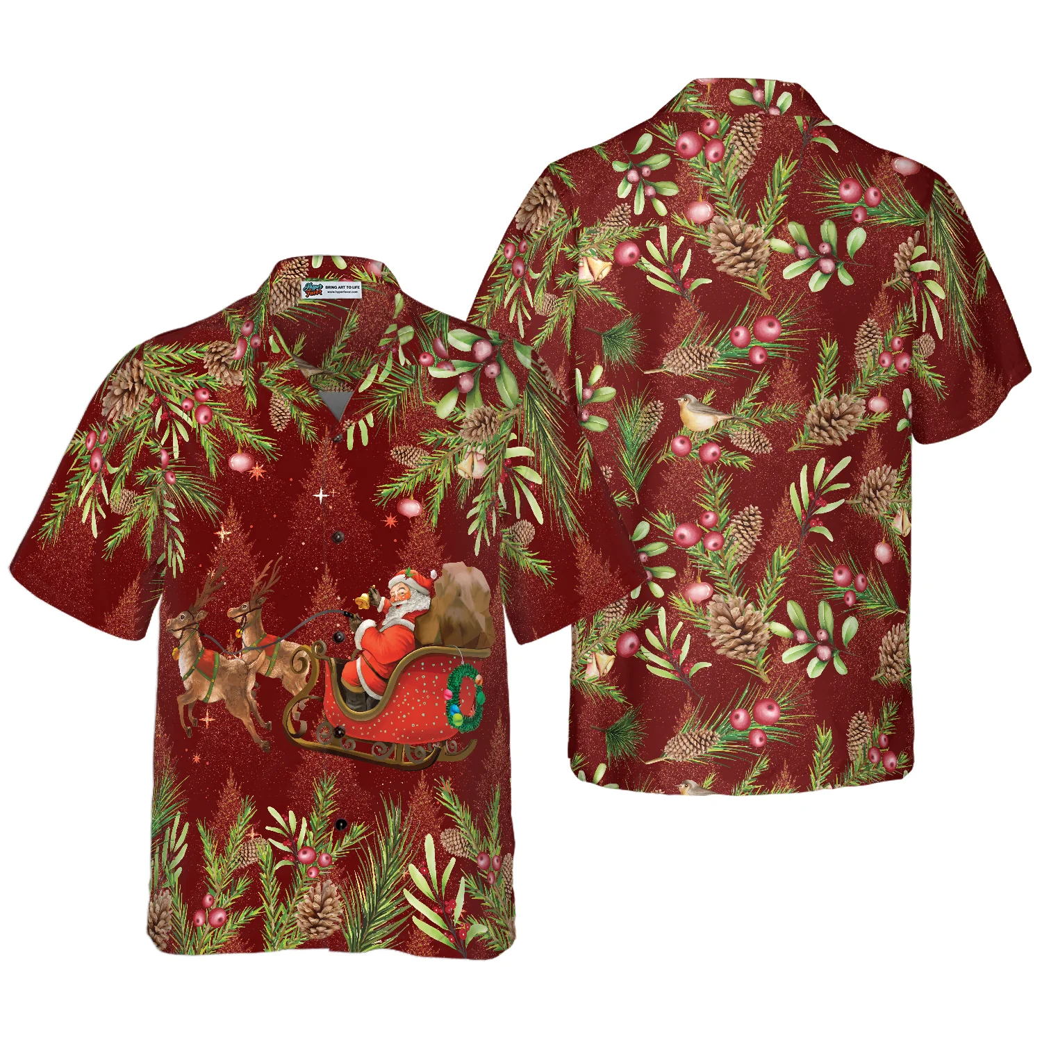 Hyperfavor Santa Santa Riding Sleigh 2 Pattern Hawaiian shirt Christmas Shirts Short Sleeve Button Down Shirt Aloha Shirt For Men and Women