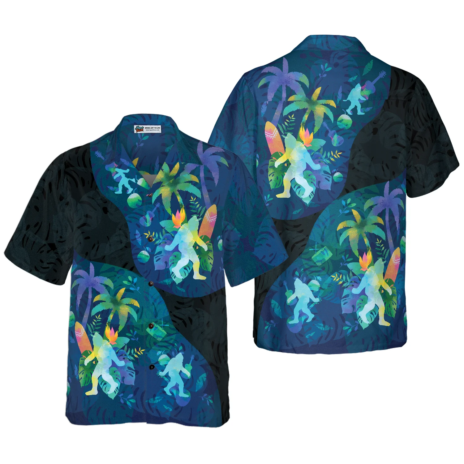 Artistic Summer Bigfoot Hawaiian Shirts Black and Blue Sasquatch Shirts Aloha Shirt For Men and Women