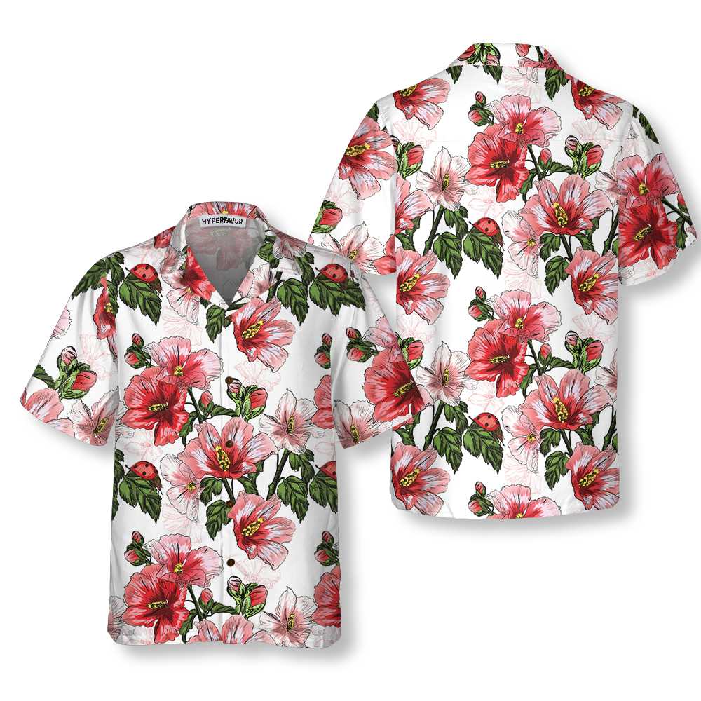 Hibiscus With Ladybug Seamless Pattern Hawaiian Shirt Short Sleeve Red Hibiscus Shirt Aloha Shirt For Men and Women