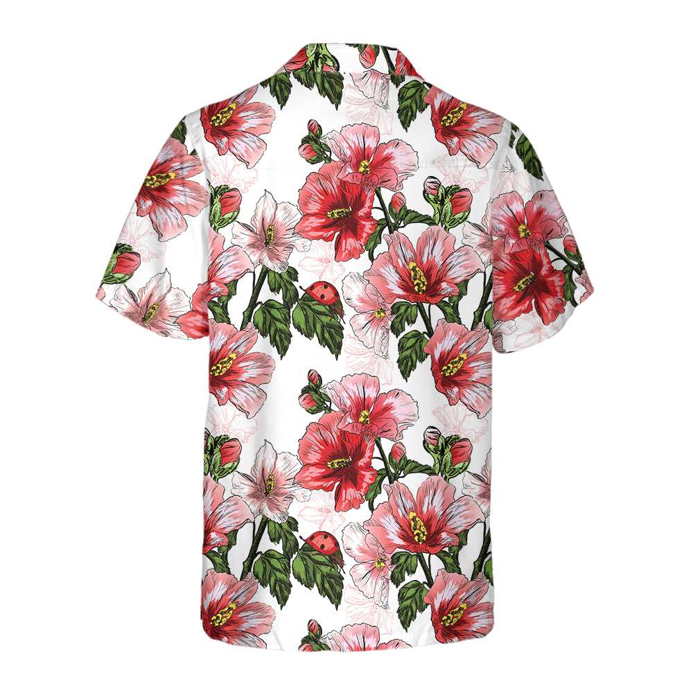 Hibiscus With Ladybug Seamless Pattern Hawaiian Shirt Short Sleeve Red Hibiscus Shirt Aloha Shirt For Men and Women