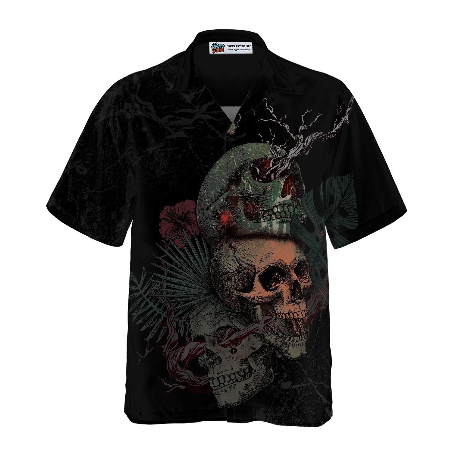 Artistic Gothic Skull With Flowers Goth Hawaiian Shirt Black Hawaiian Shirt Aloha Shirt For Men and Women