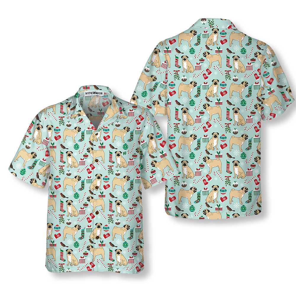 Cute Pug Xmas Holiday Hawaiian Shirt Funny Christmas Dog Hawaiian Shirt Aloha Shirt For Men and Women