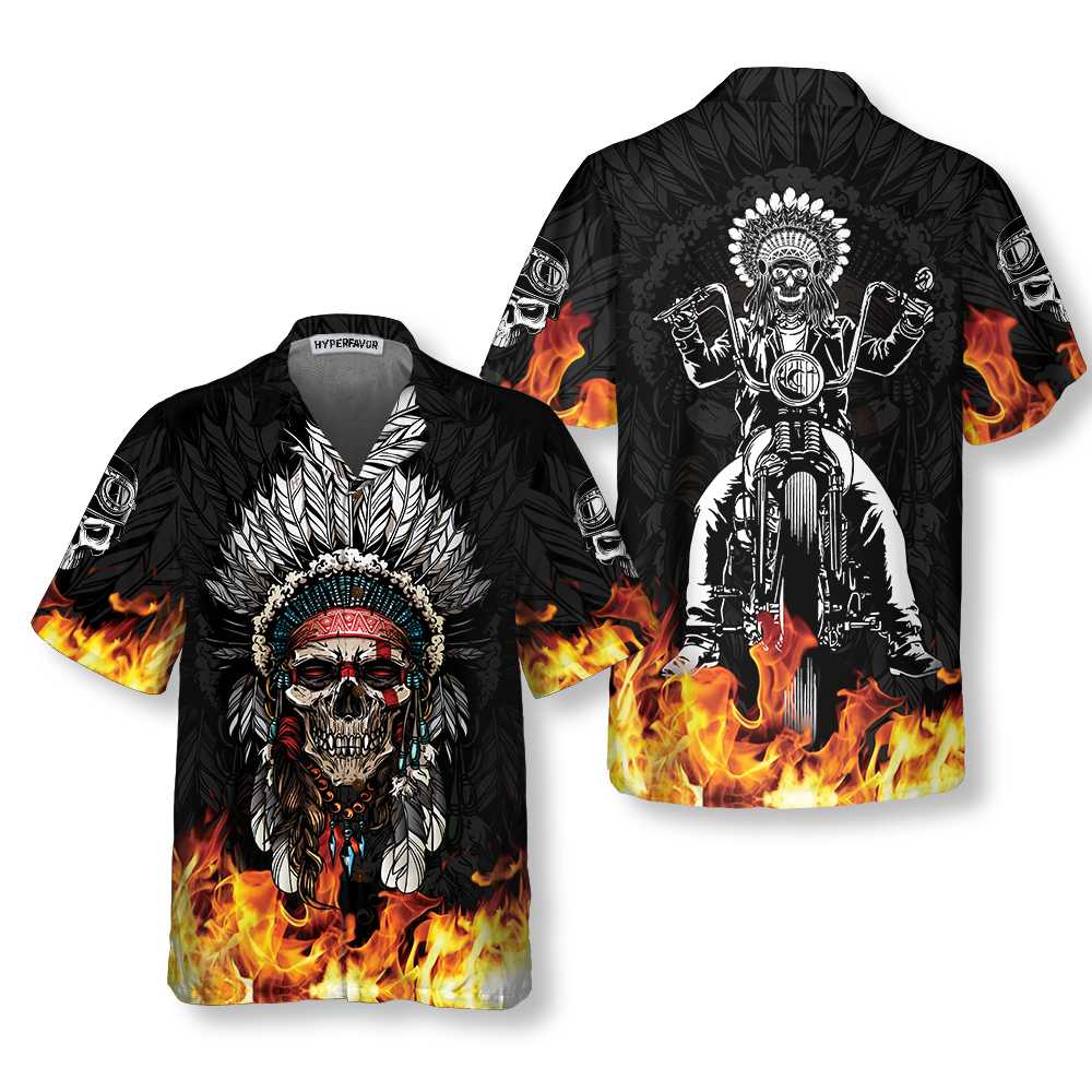 Racing Indian Skull Fire Hawaiian Shirt Flame Skull Biker Shirt Unique Native American Shirt Aloha Shirt For Men and Women