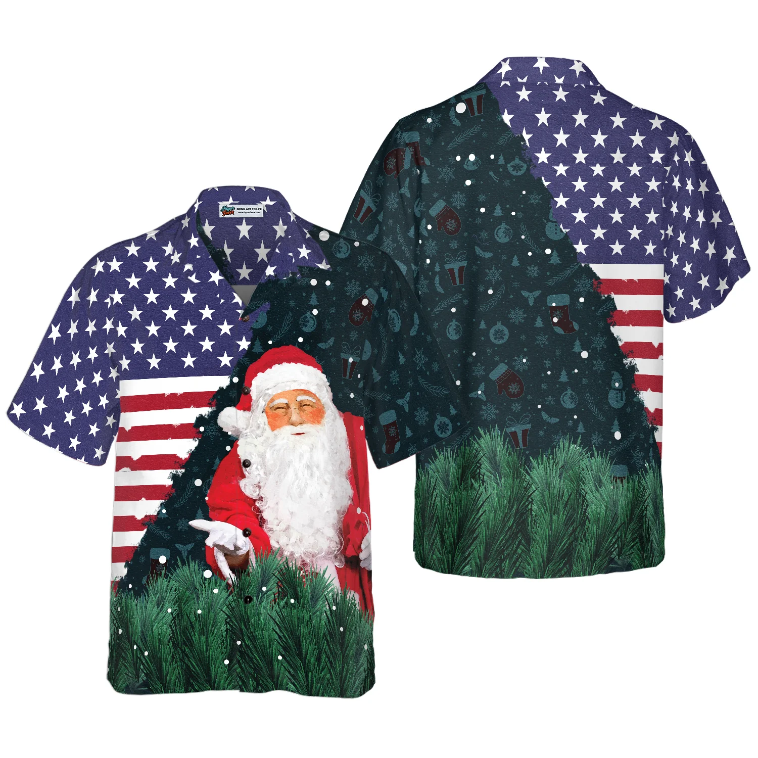 Hyperfavor Christmas Hawaiian Shirts Santa USA Flag Pattern Shirt Short Sleeve Christmas Shirt Idea Gift Aloha Shirt For Men and Women