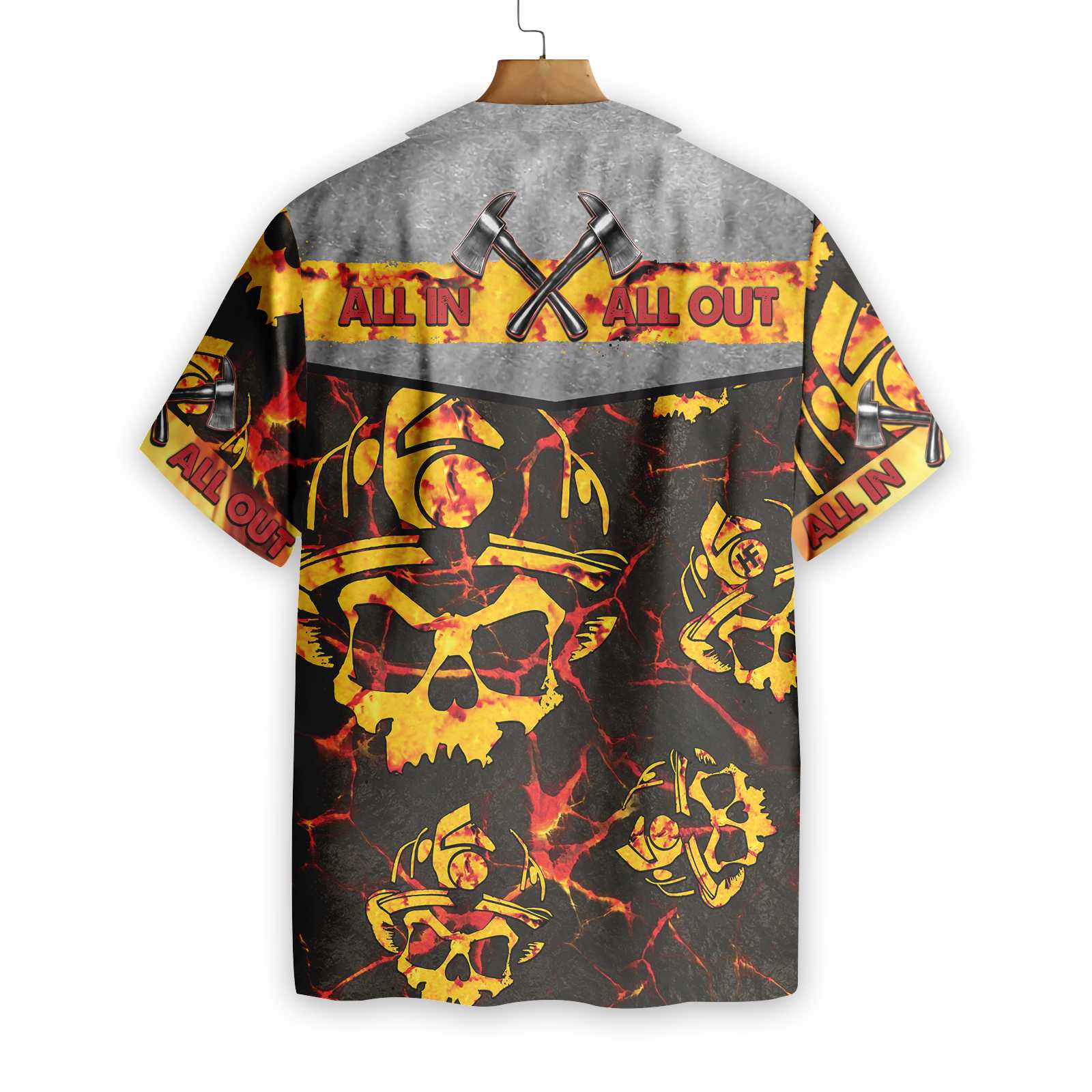 All In All Out Axe Firefighter Hawaiian Shirt Dark Red And Yellow Skull Firefighter Shirt Aloha Shirt For Men and Women