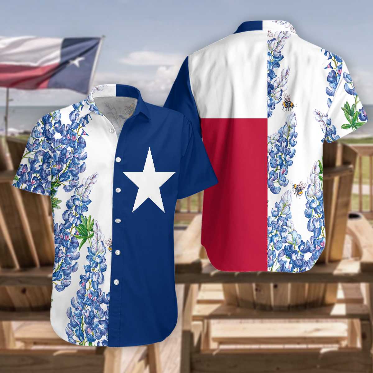 Royal Blue Bluebonnet Texas Hawaiian Shirt Floral Texas Flag Shirt Horizontal Version Proud Texas Shirt Aloha Shirt For Men and Women