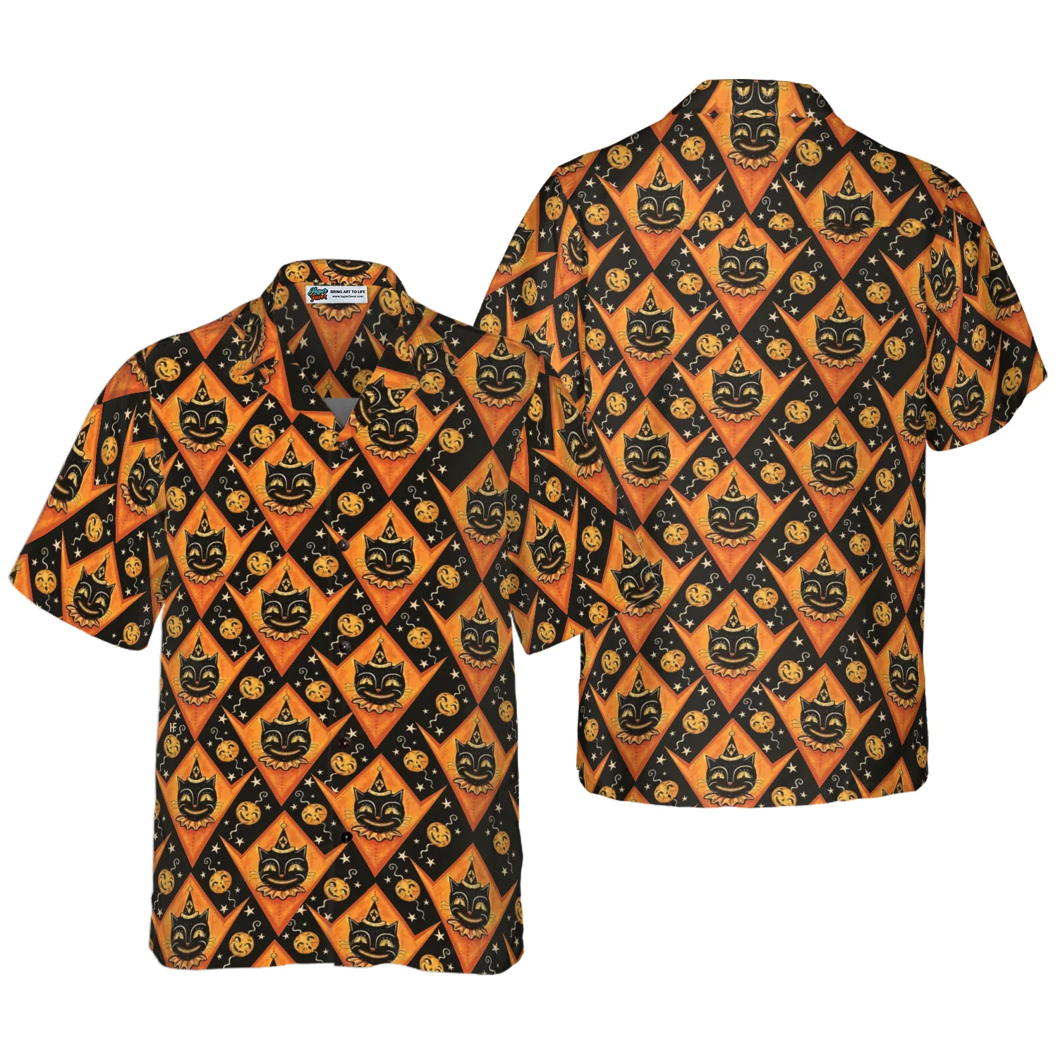 Grinning Black Cats Halloween Hawaiian Shirt Black And Pumpkin Orange Harlequin Pattern Hawaiian Shirt Aloha Shirt For Men and Women