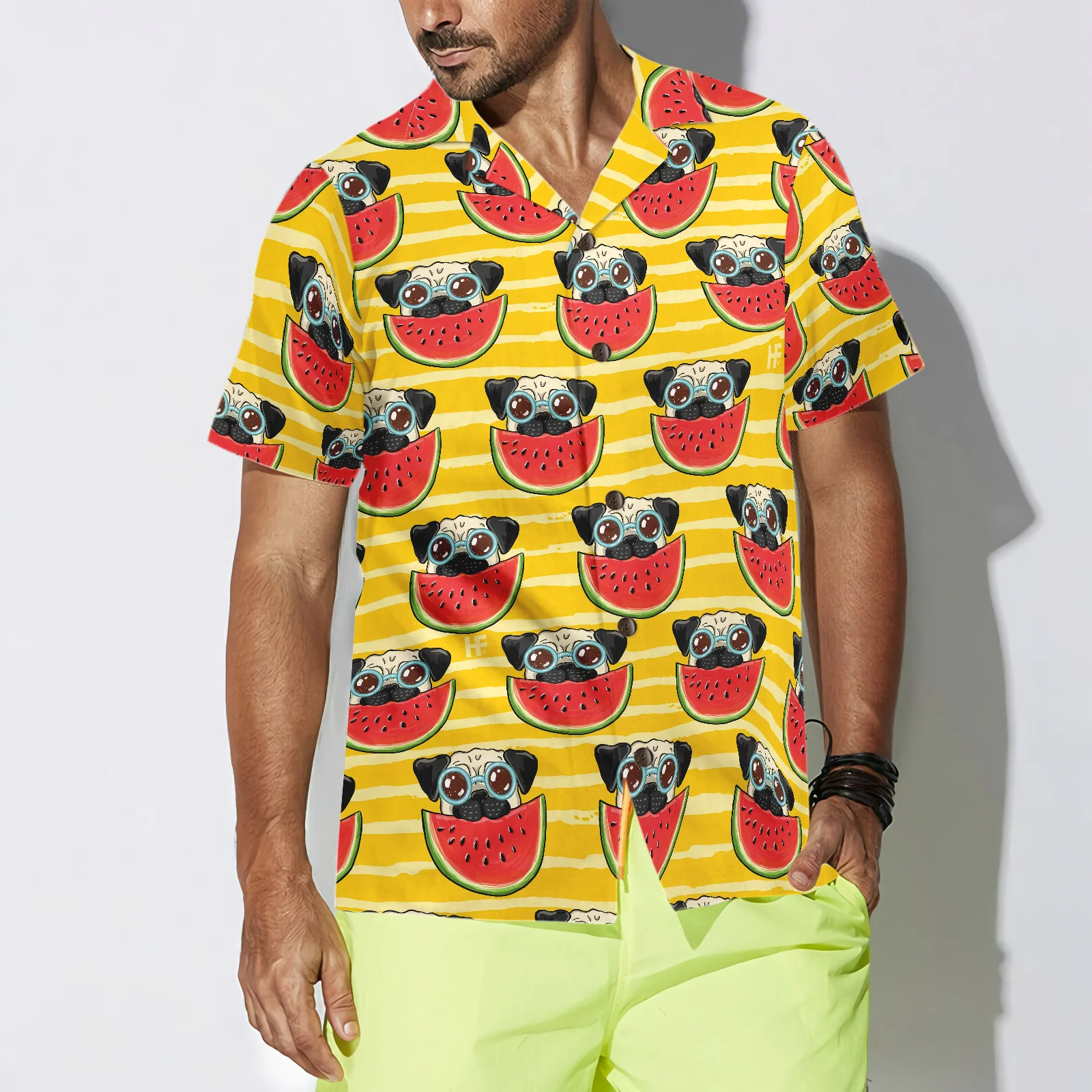 Pug Watermelon Yellow Background Hawaiian Shirt Aloha Shirt For Men and Women