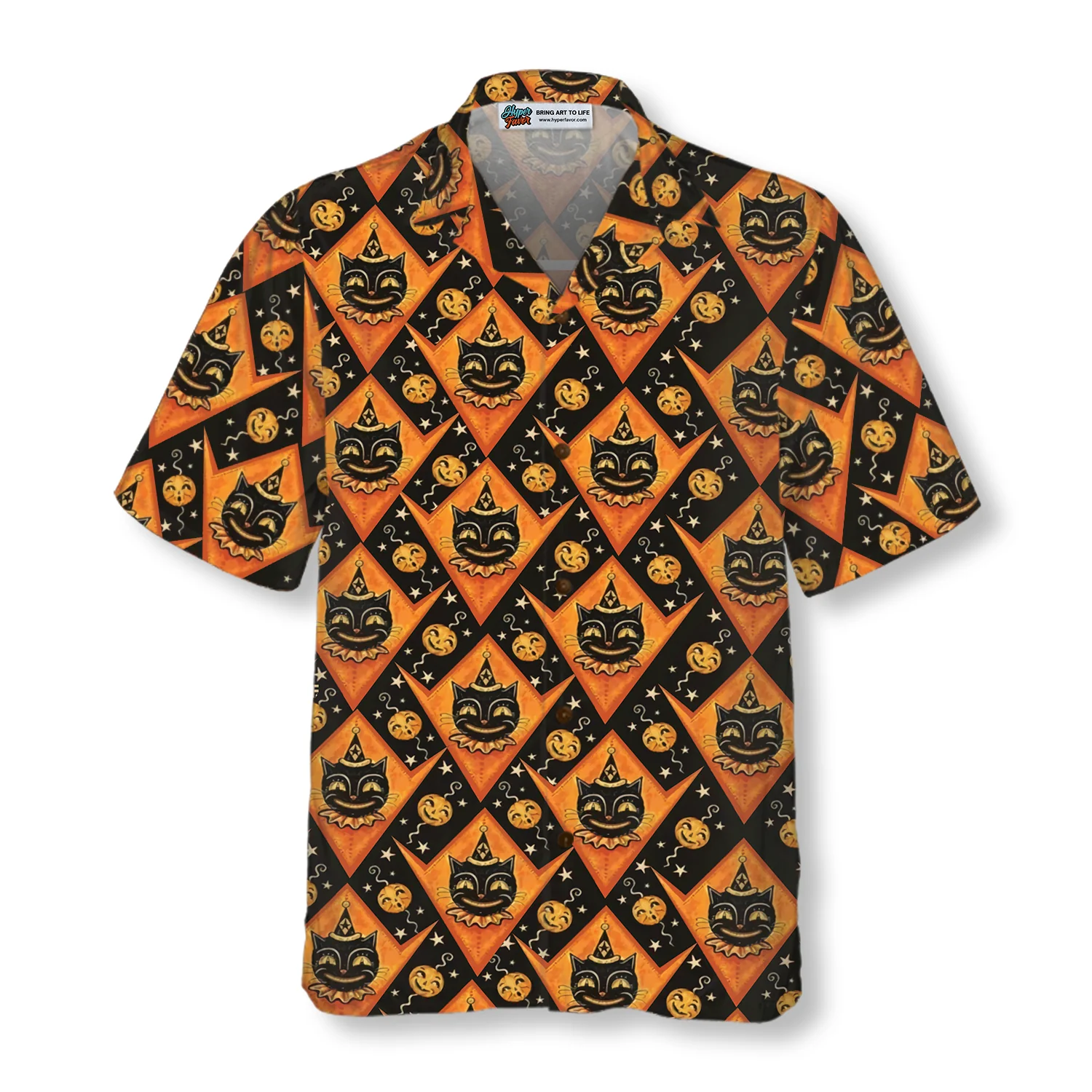 Grinning Black Cats Halloween Hawaiian Shirt Black And Pumpkin Orange Harlequin Pattern Hawaiian Shirt Aloha Shirt For Men and Women