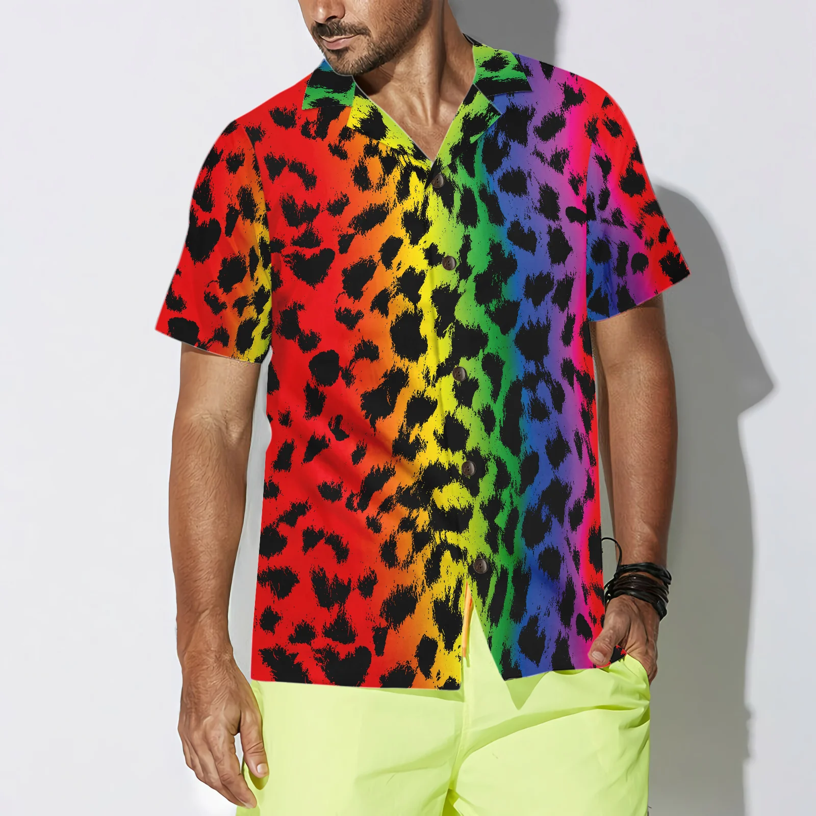 Leopard Skin With Rainbow Color LGBT Hawaiian Shirt Aloha Shirt For Men and Women