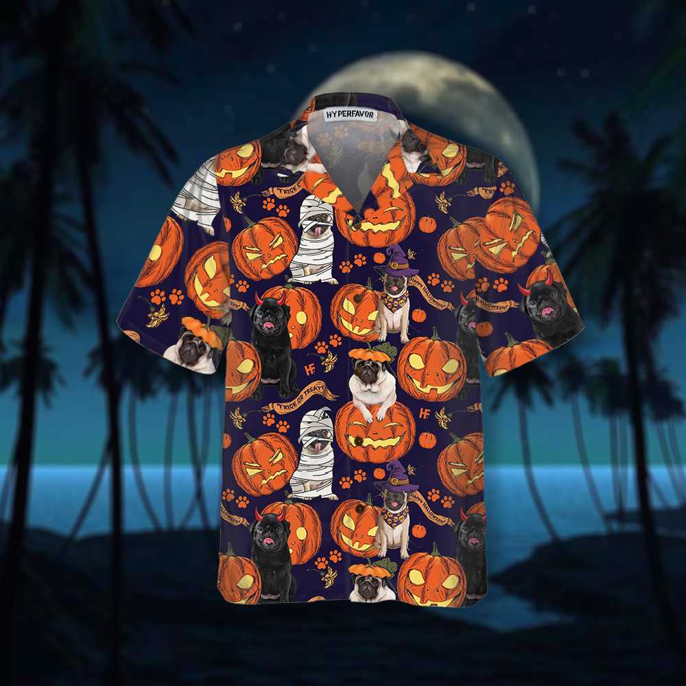 Halloween Pug Dog With Pumpkin Hawaiian Shirt Unique Pug Shirt For Halloween Aloha Shirt For Men and Women