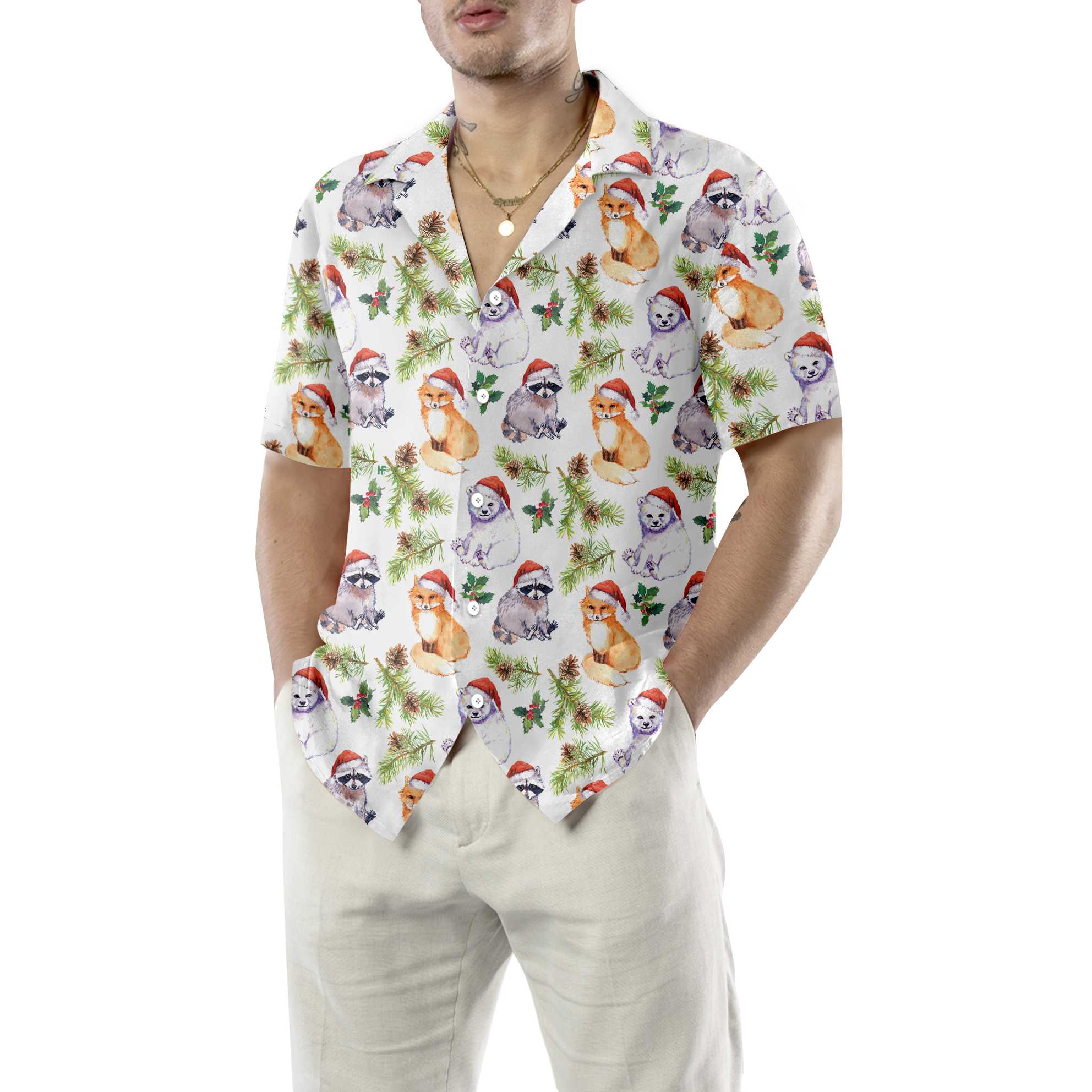 Cute Animals In Christmas Hat Hawaiian Shirt Funny Christmas Shirt Unique Gift For Christmas Aloha Shirt For Men and Women