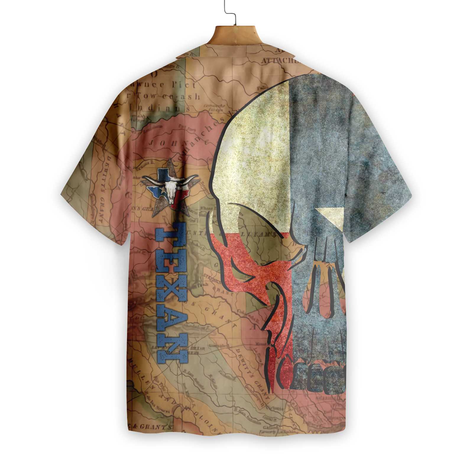 Texan And Skull Map And Flag Pattern Texas Hawaiian Shirt Texas Longhorns Shirt Proud Texas Flag Shirt Aloha Shirt For Men and Women