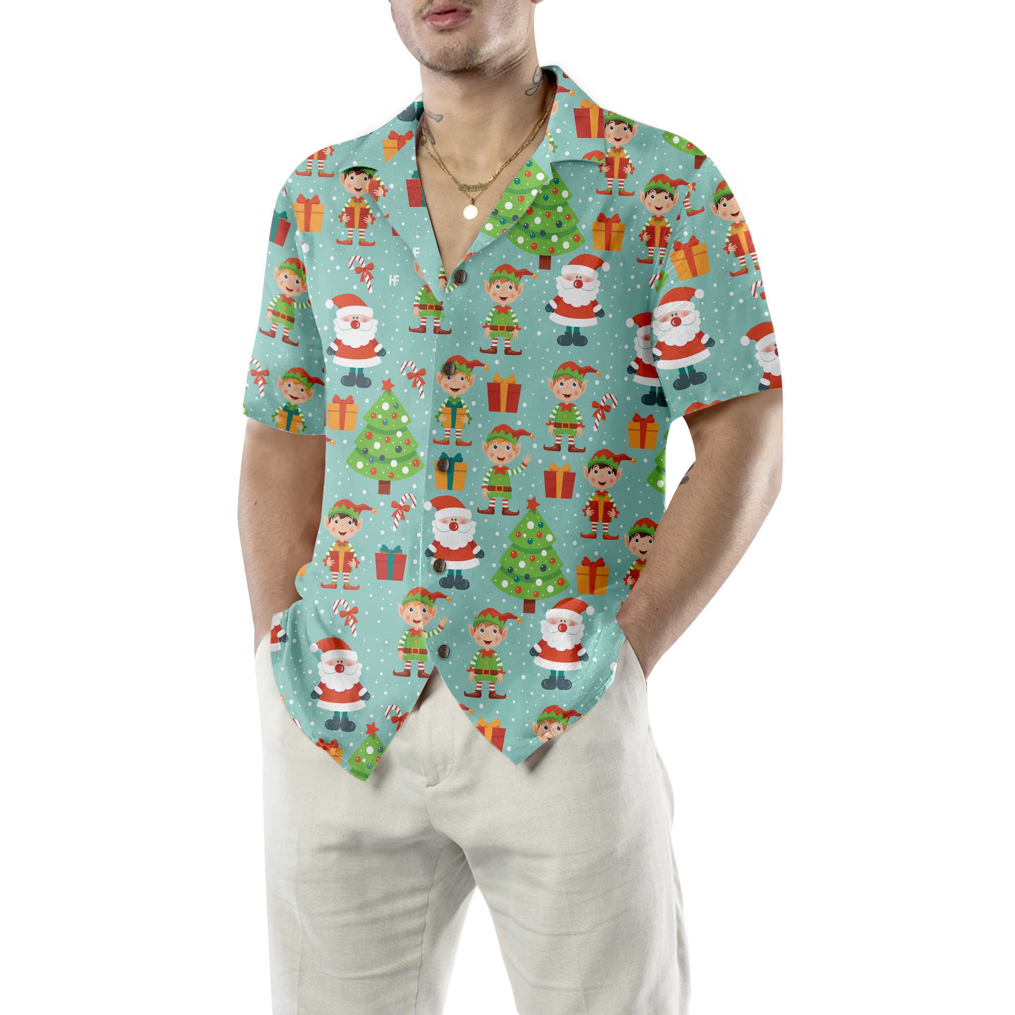 Colorful Santa Helper Pattern Hawaiian Shirt Funny Christmas Shirt Best Christmas Gift Idea Aloha Shirt For Men and Women