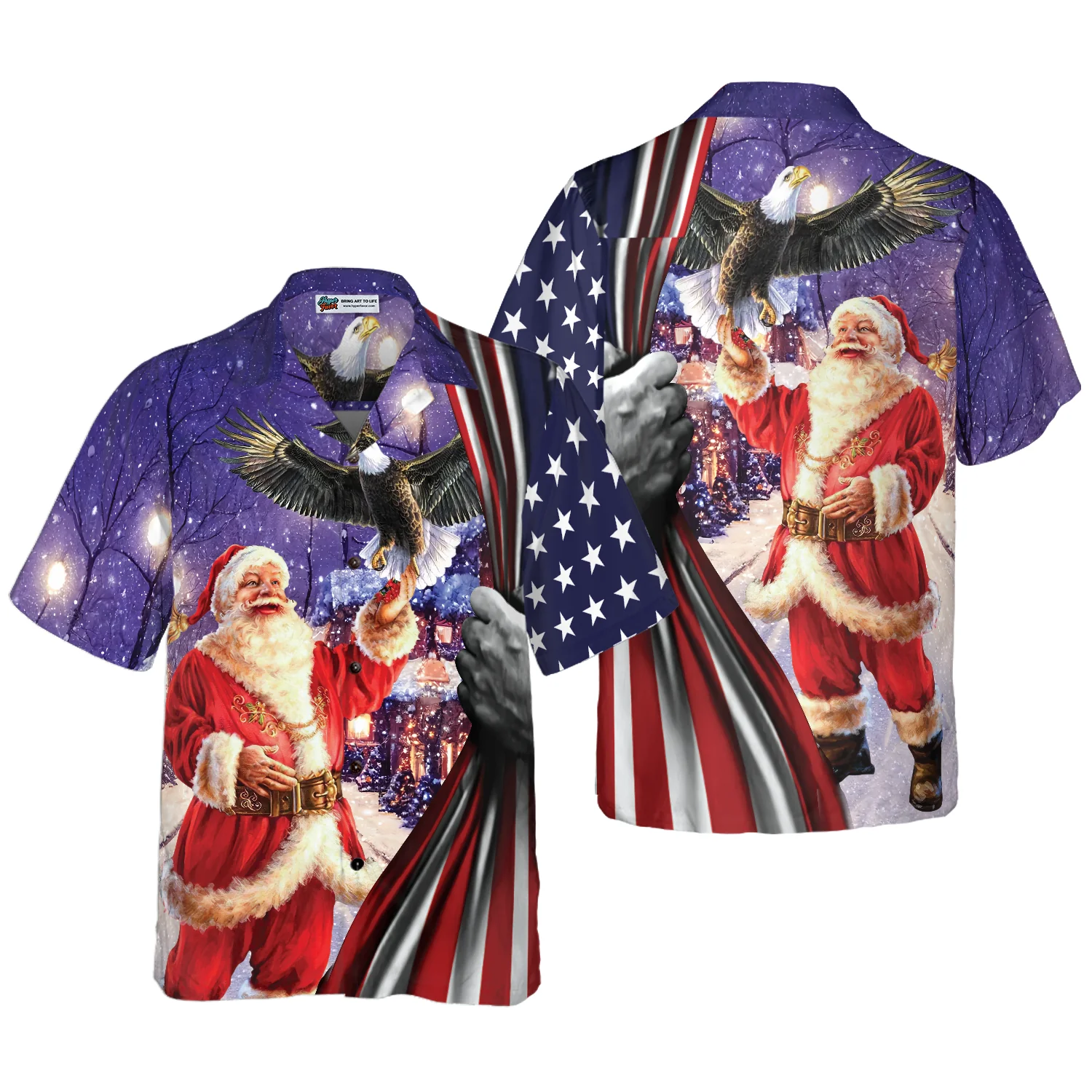 Hyperfavor Christmas Hawaiian Shirts Santa With Eagle Shirt Short Sleeve Christmas Shirt Idea Gift Aloha Shirt For Men and Women