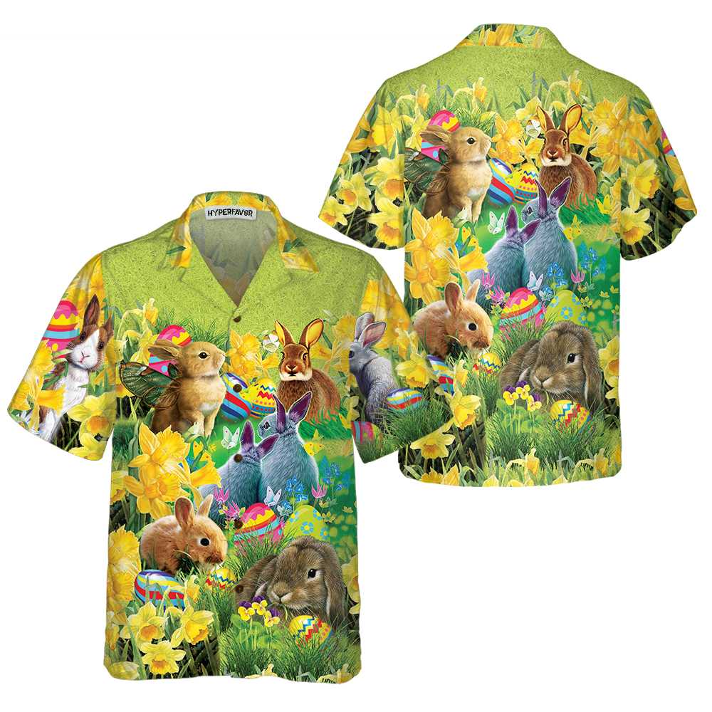 Easter Bunnies Hawaiian Shirt Button Up Easter Bunny Shirt Easter Shirt  Women Cool Easter Gift Aloha Shirt For Men and Women